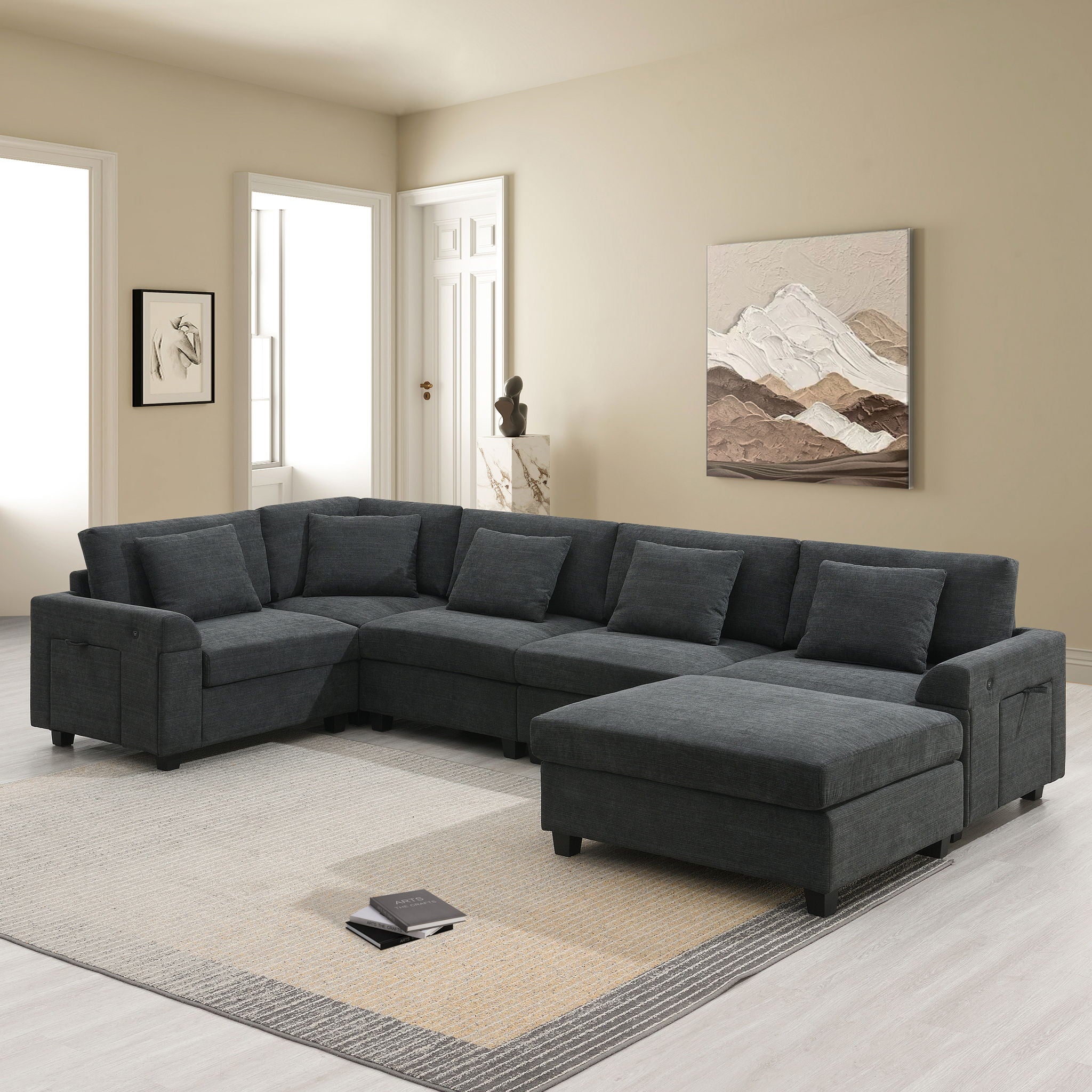 U Shaped Sectional Sofa 6 Seat Couch Set With Oversized Ottoman, Hidden Armrest Storage And Cup Holders USB Charging Ports Wide Seat Sofa - Best Buy Furniture