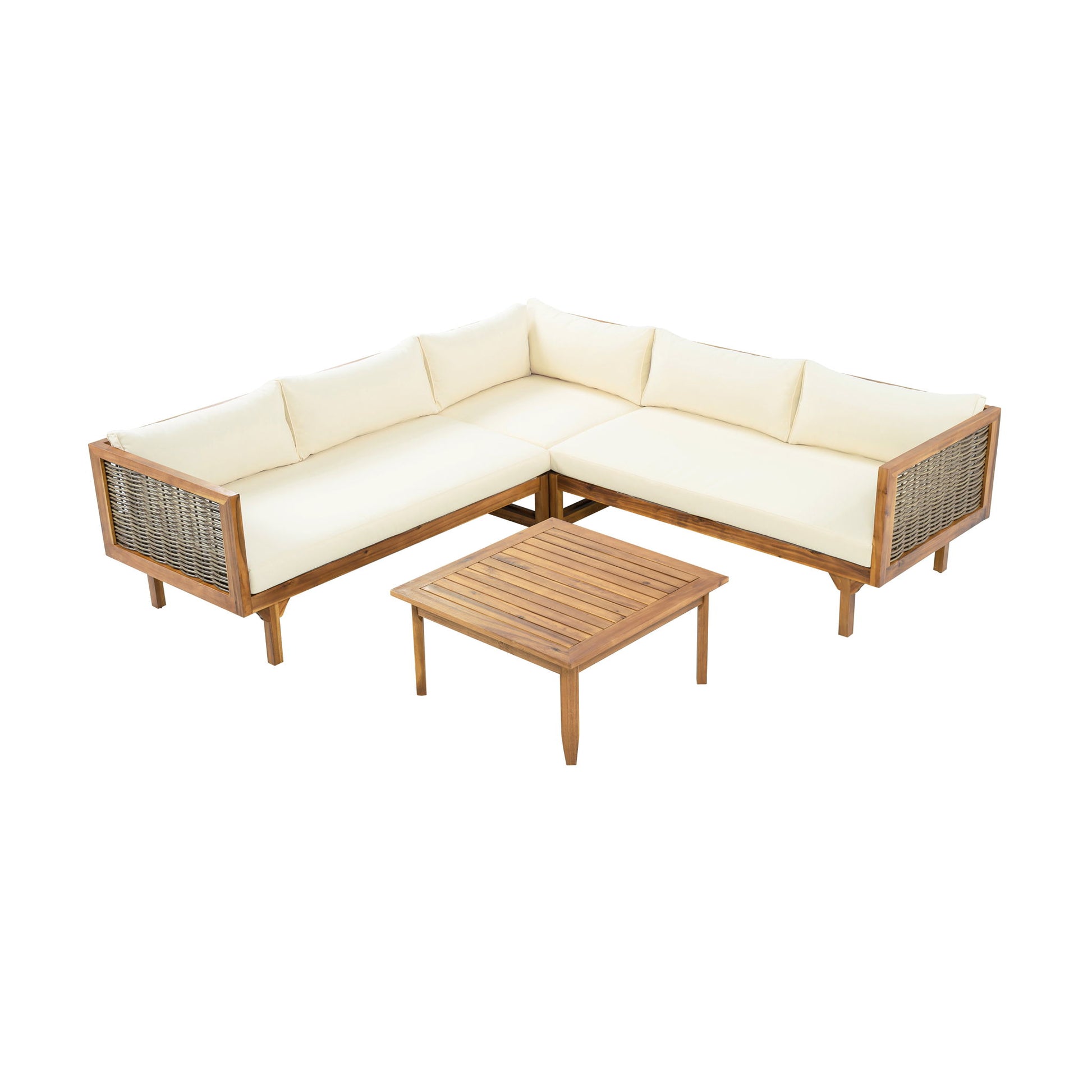Premium Outdoor Sofa Set With Waterproof Cushions Sectional Seating Group With Acacia Wood And Wicker - Brown Mix / Beige - Best Buy Furniture