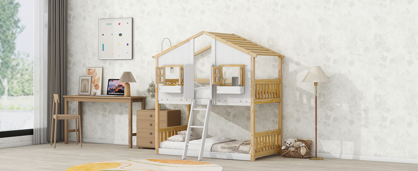 House Bunk Bed With Roof, Window, Window Box, Door, With Safety Guardrails And Ladder - Best Buy Furniture