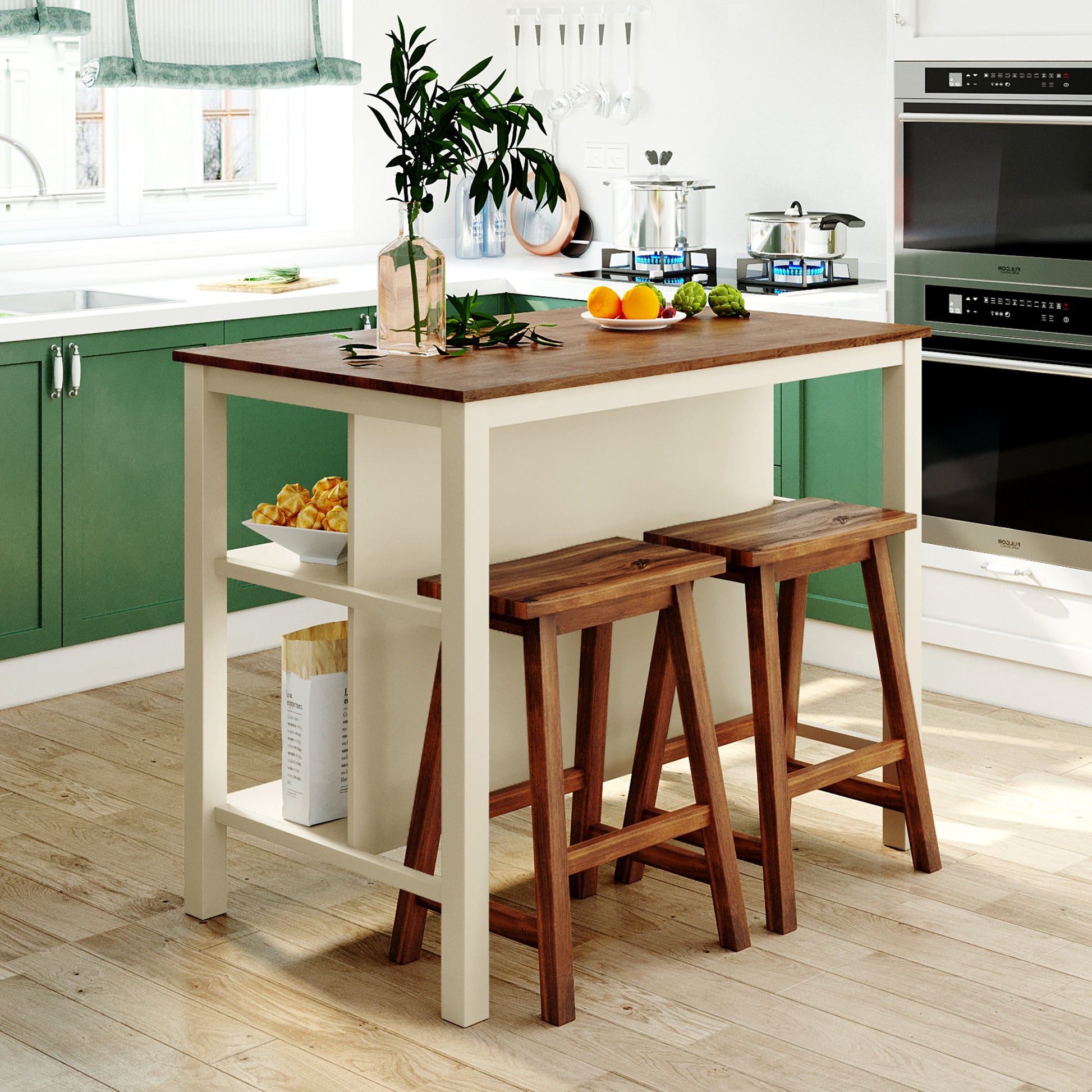 Rustic 3 Piece Stationary Kitchen Island Set With 2 Seatings, With 2 Open Shelves - Best Buy Furniture