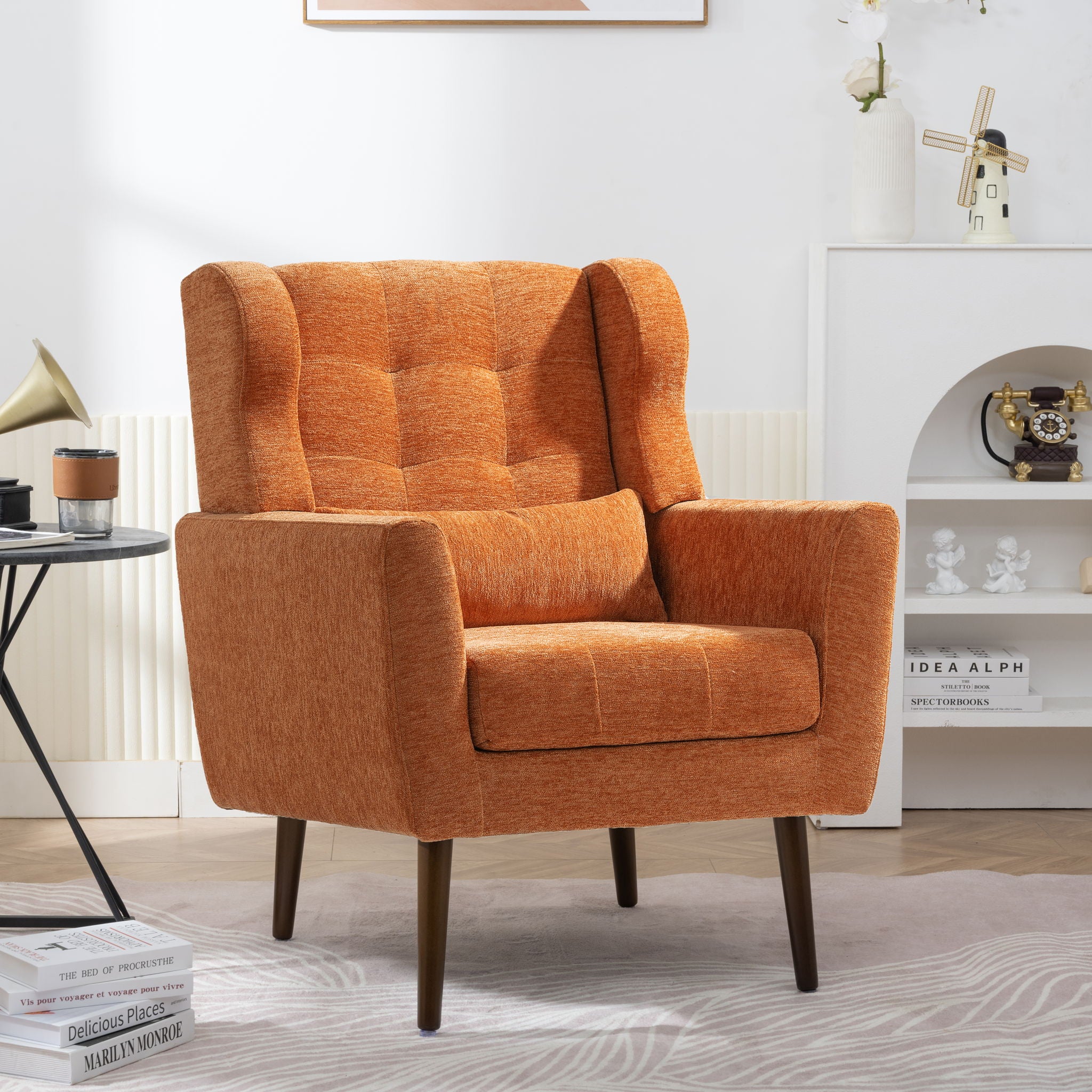 Modern Accent Chair, Chenille Arm Chairs For Living Room, Upholstered Mordern Armchair, Comfy Soft Padded Lounge Chair In Small Space, Bedroom, With Pillow, Solid Wood Leg - Best Buy Furniture