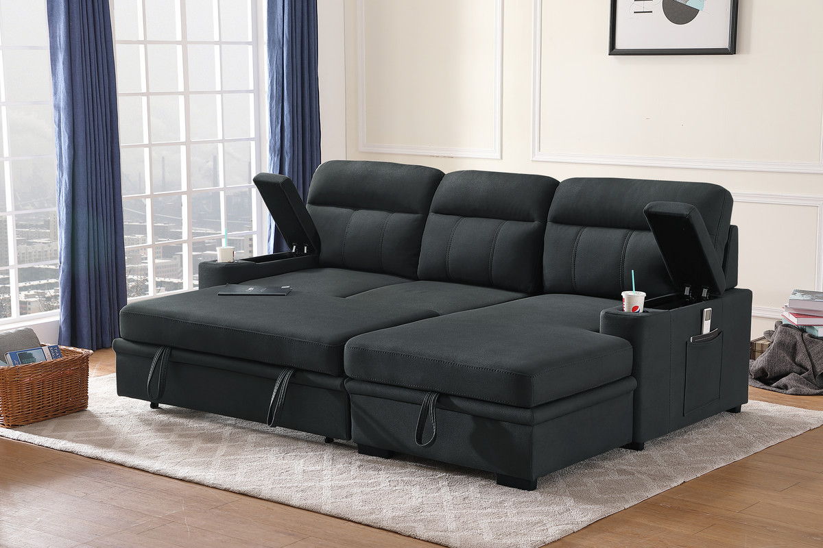 Kaden - Sleeper Sectional Sofa Chaise With Storage Arms And Cupholder - Best Buy Furniture
