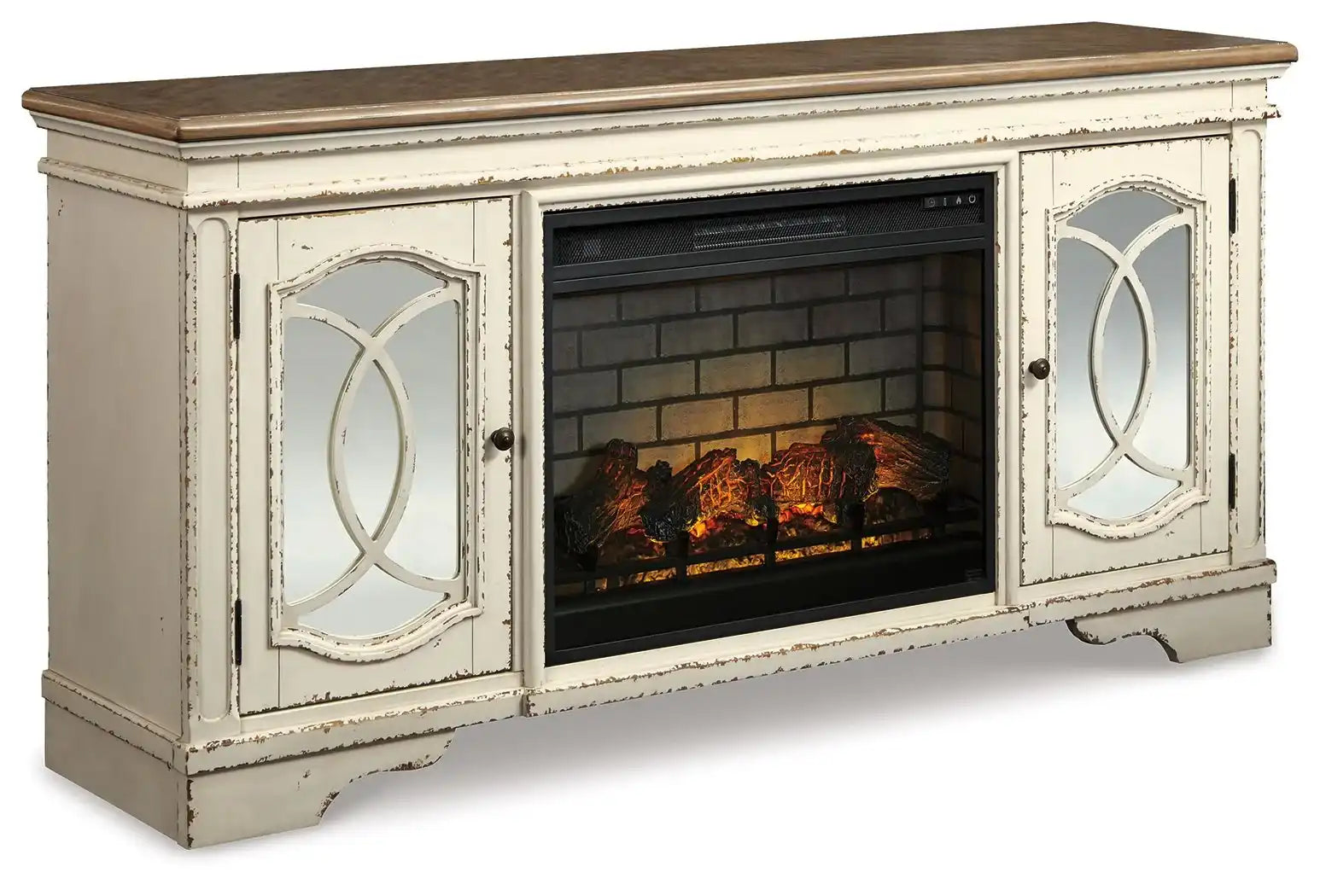Realyn - 2 Pc. - 74" TV Stand with Electric Infrared Fireplace Insert - Chipped White - Best Buy Furniture