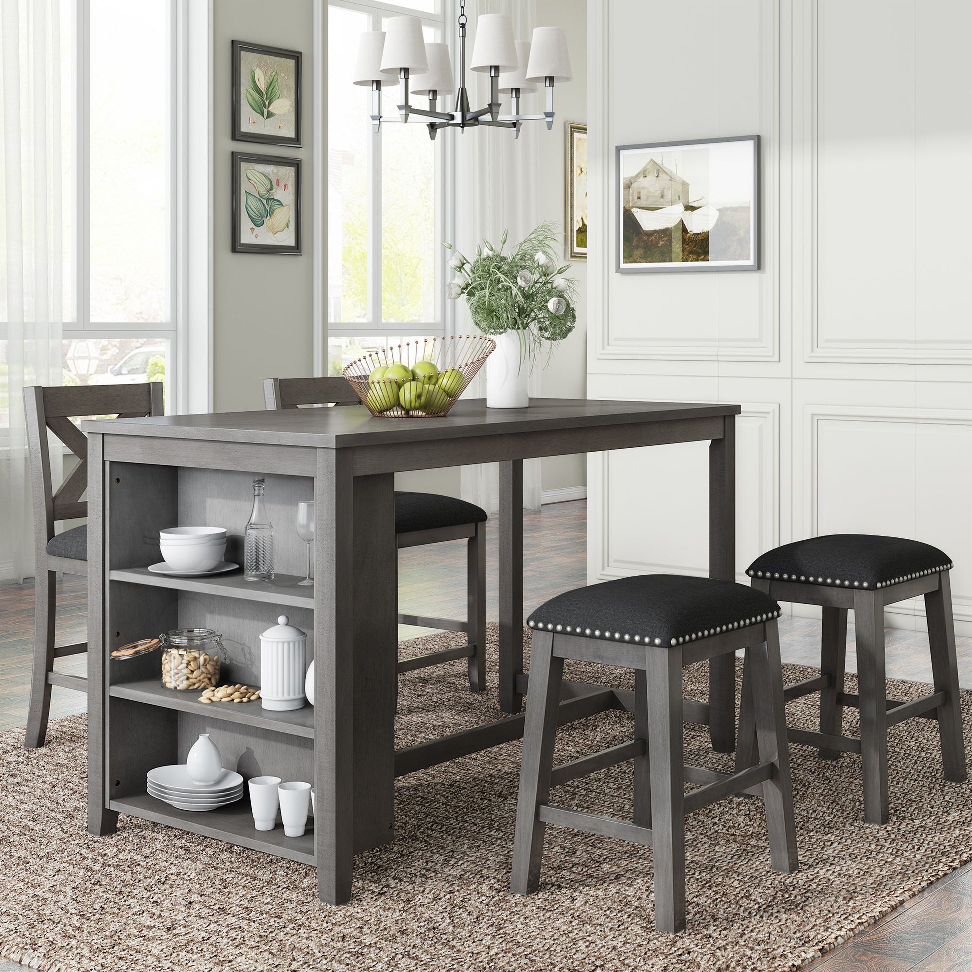 5 Pieces Counter Height Rustic Farmhouse Dining Room Wooden Bar Table Set With 2 Stools And 2 Chairs - Best Buy Furniture