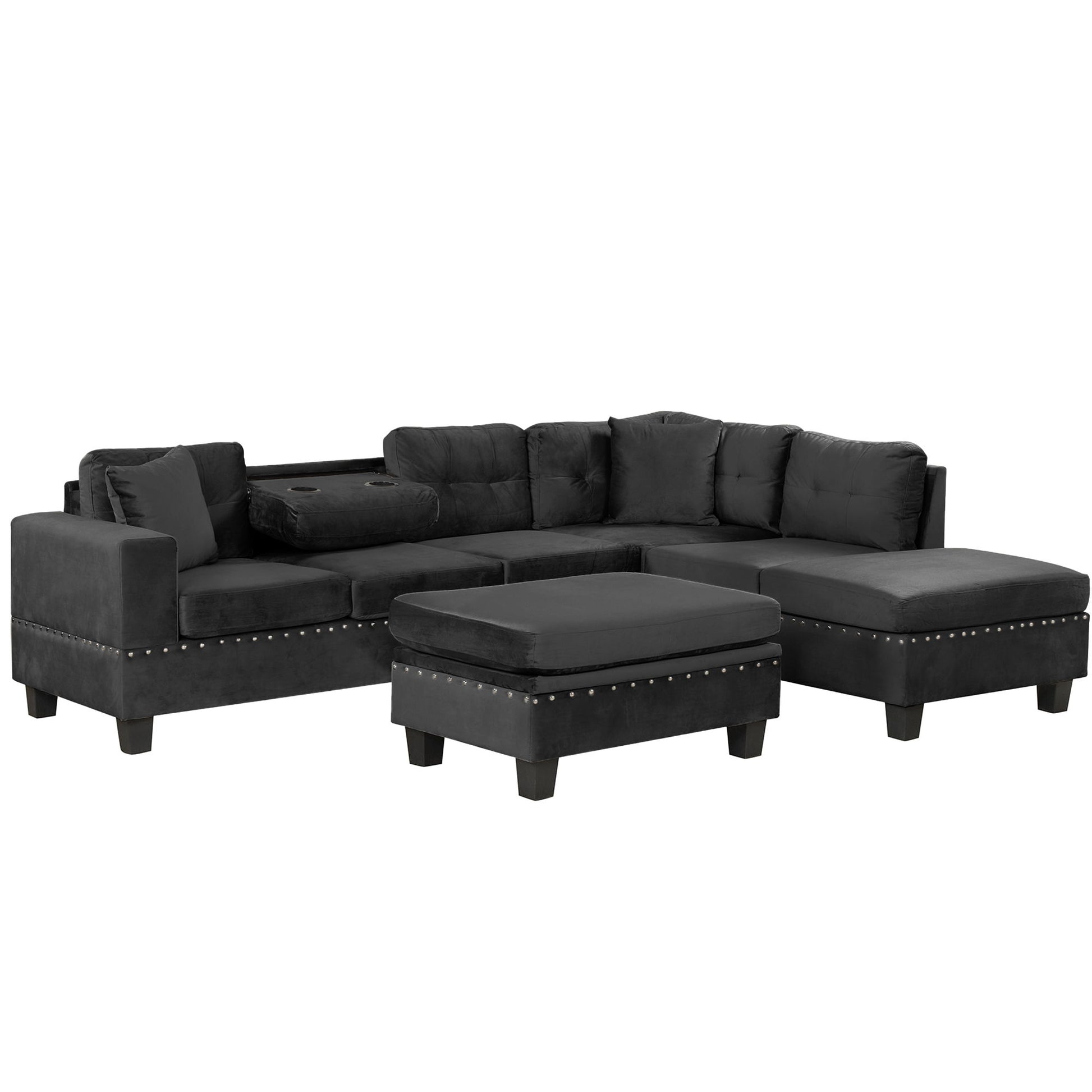 Modern Sectional Sofa With Storage Ottoman, L - Shape Couch With 2 Pillows And Cup Holders - Best Buy Furniture