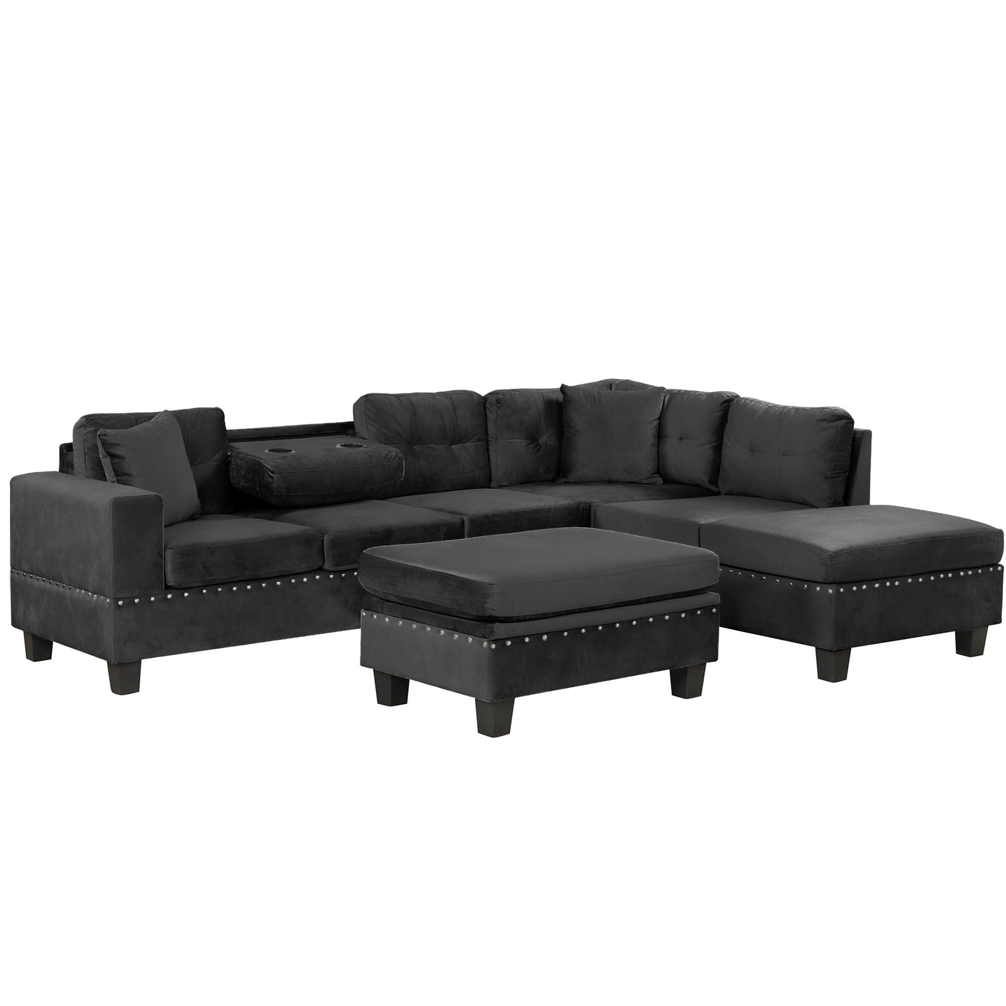 Modern Sectional Sofa With Storage Ottoman, L - Shape Couch With 2 Pillows And Cup Holders - Best Buy Furniture