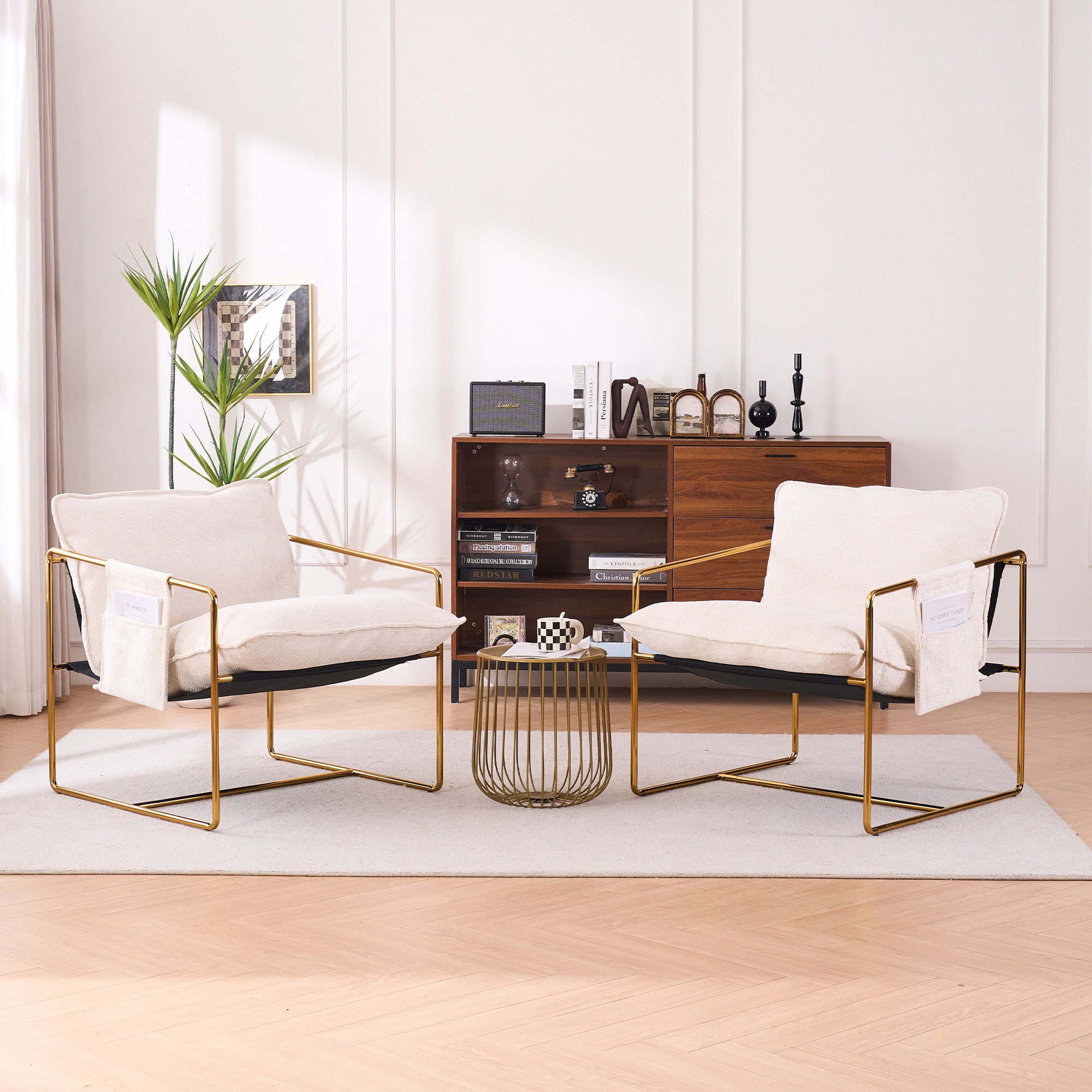 Upholstered Hanging Armchair With Arm Pocketsmetal Frame (Set of 2), Gold-Plated Craftsmanship, Crushed Foam Cushions And Skin-Friendly Woven Fabric For Living Room And Bedroom - Best Buy Furniture