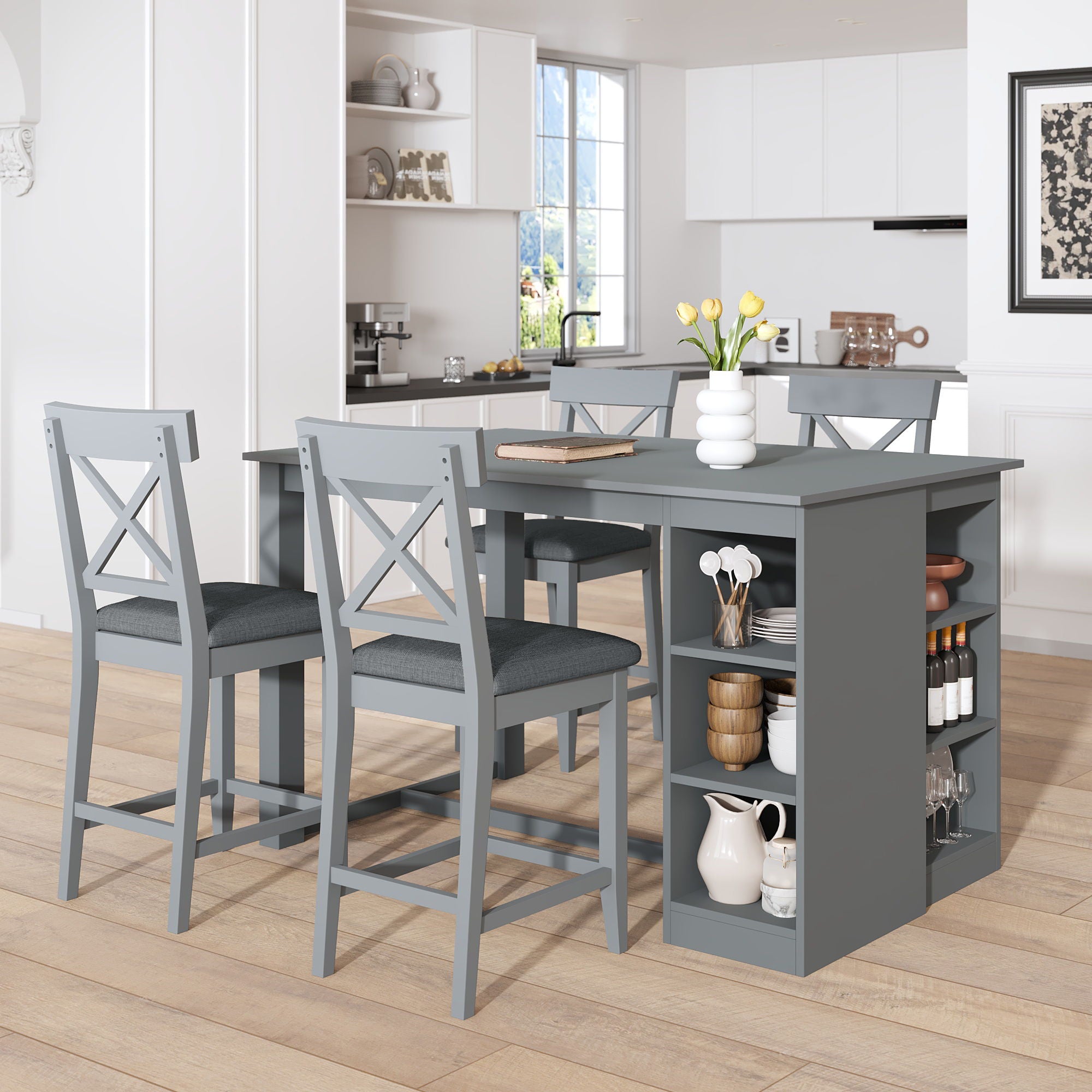 Solid Wood Farmhouse Counter Height Dining Table Set With 3 Tier Storage Shelves - Best Buy Furniture