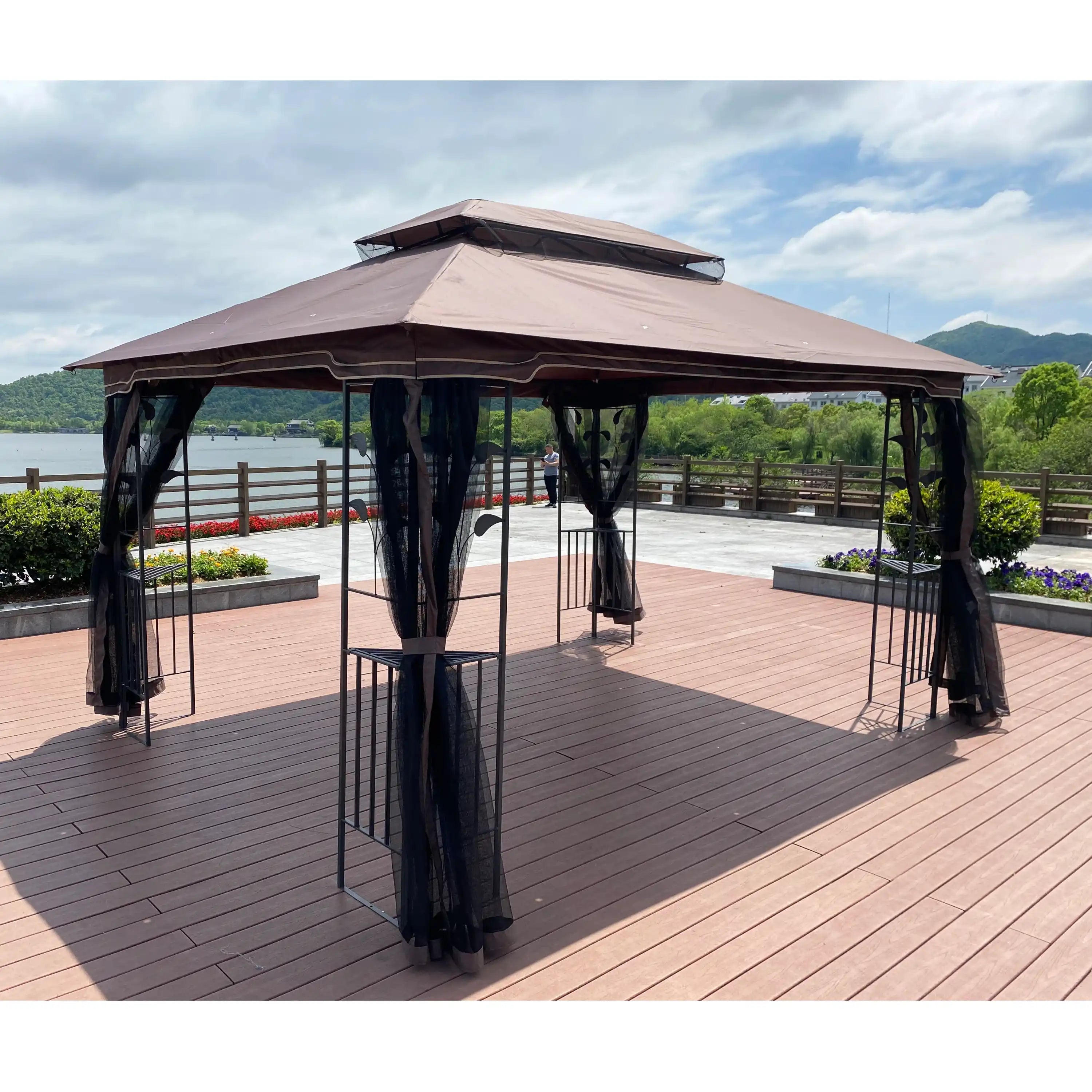 13x10 Outdoor Patio Gazebo Tent, Brown Canopy with Mesh Screens - Best Buy Furniture