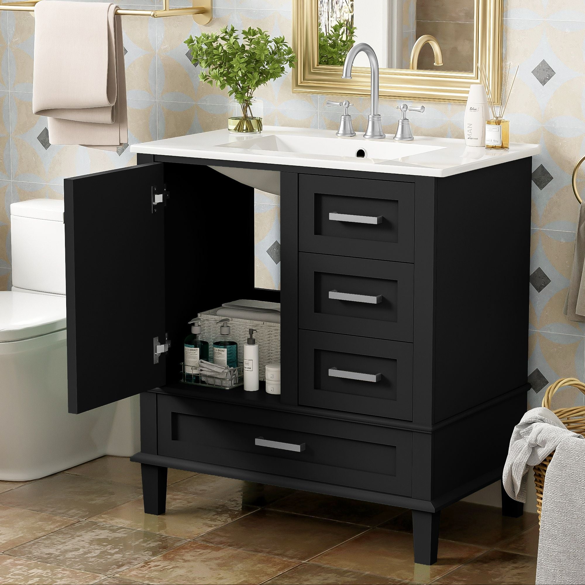 Bathroom Vanity, Modern Bathroom Cabinet With Sink Combo Set, Bathroom Storage Cabinet With A Soft Closing Door And 3 Drawers, Solid Wood Frame - Best Buy Furniture