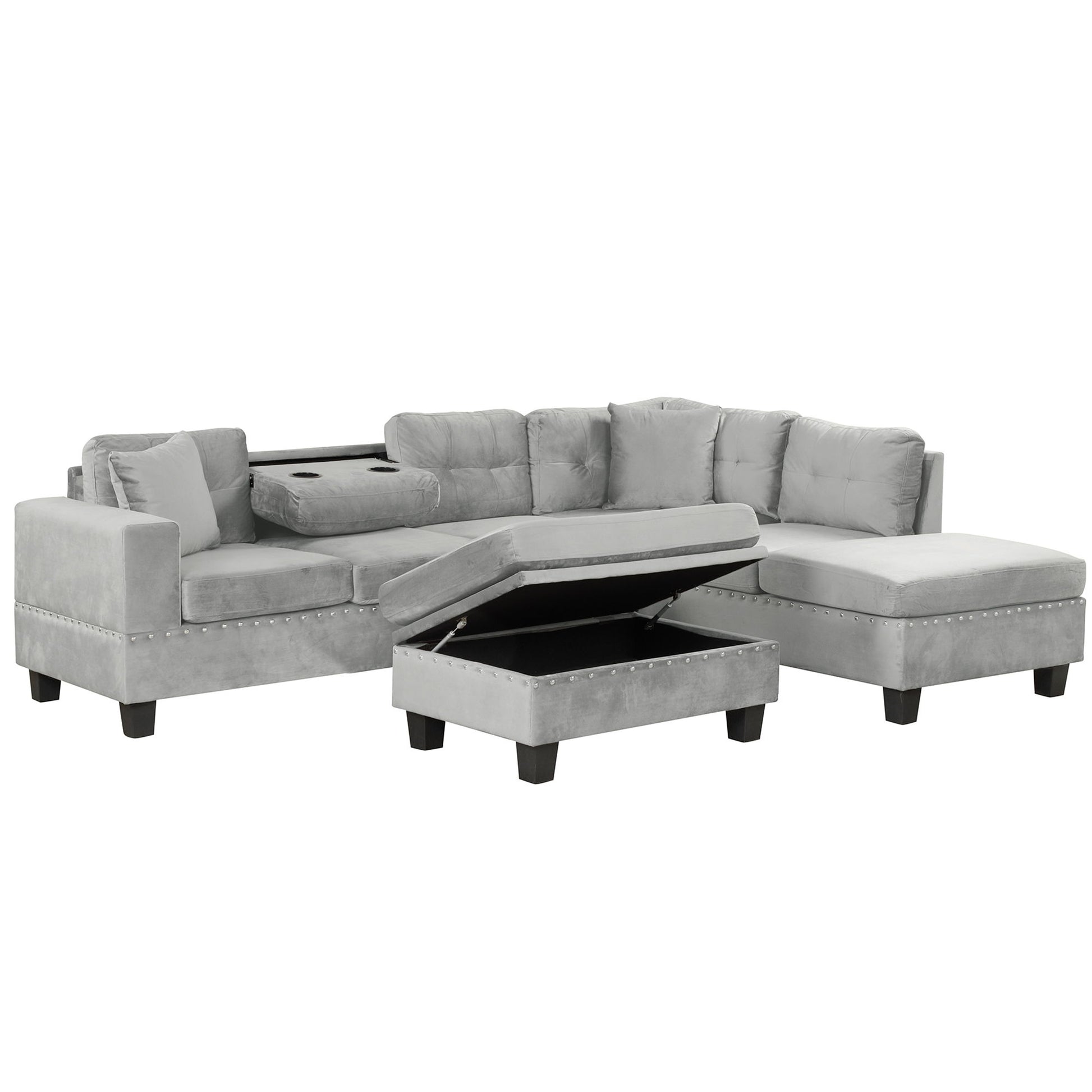 Modern Sectional Sofa With Storage Ottoman, L - Shape Couch With 2 Pillows And Cup Holders - Best Buy Furniture