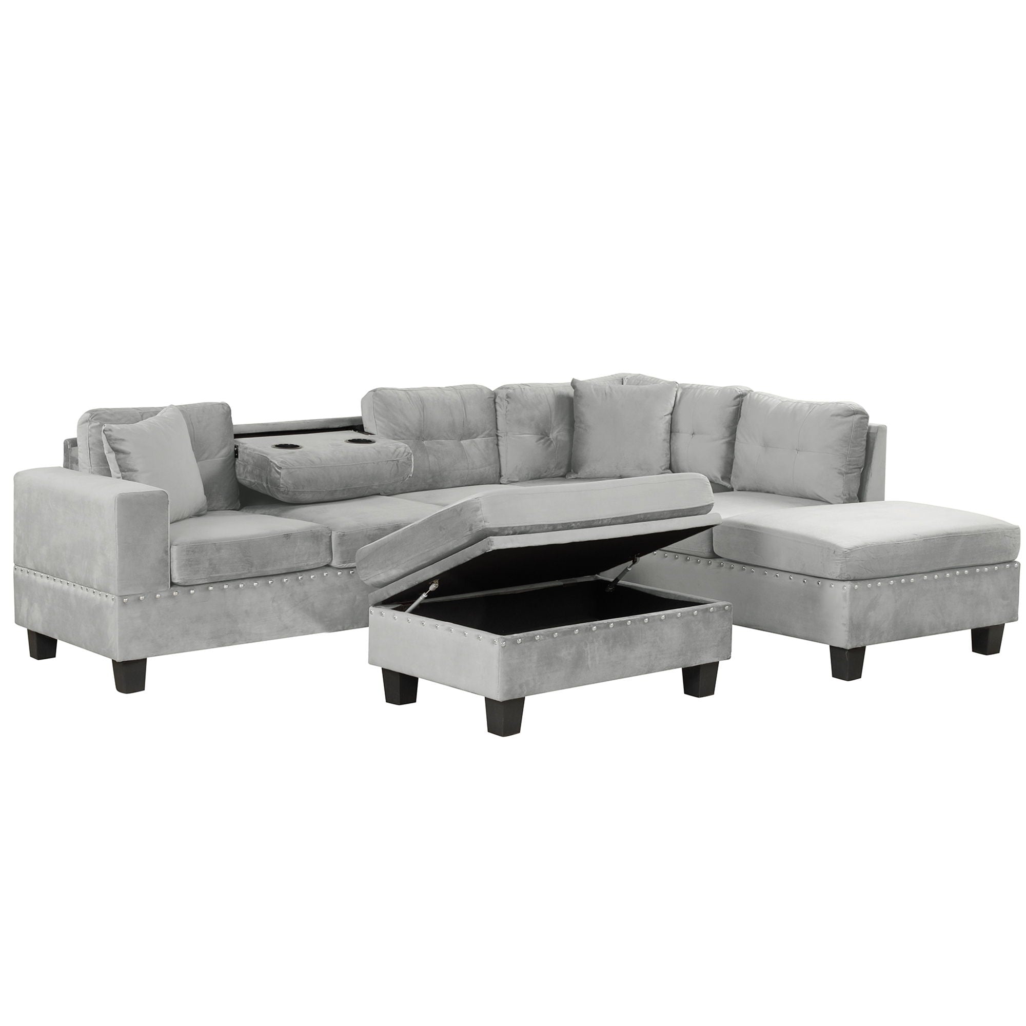 Modern Sectional Sofa With Storage Ottoman, L - Shape Couch With 2 Pillows And Cup Holders - Best Buy Furniture