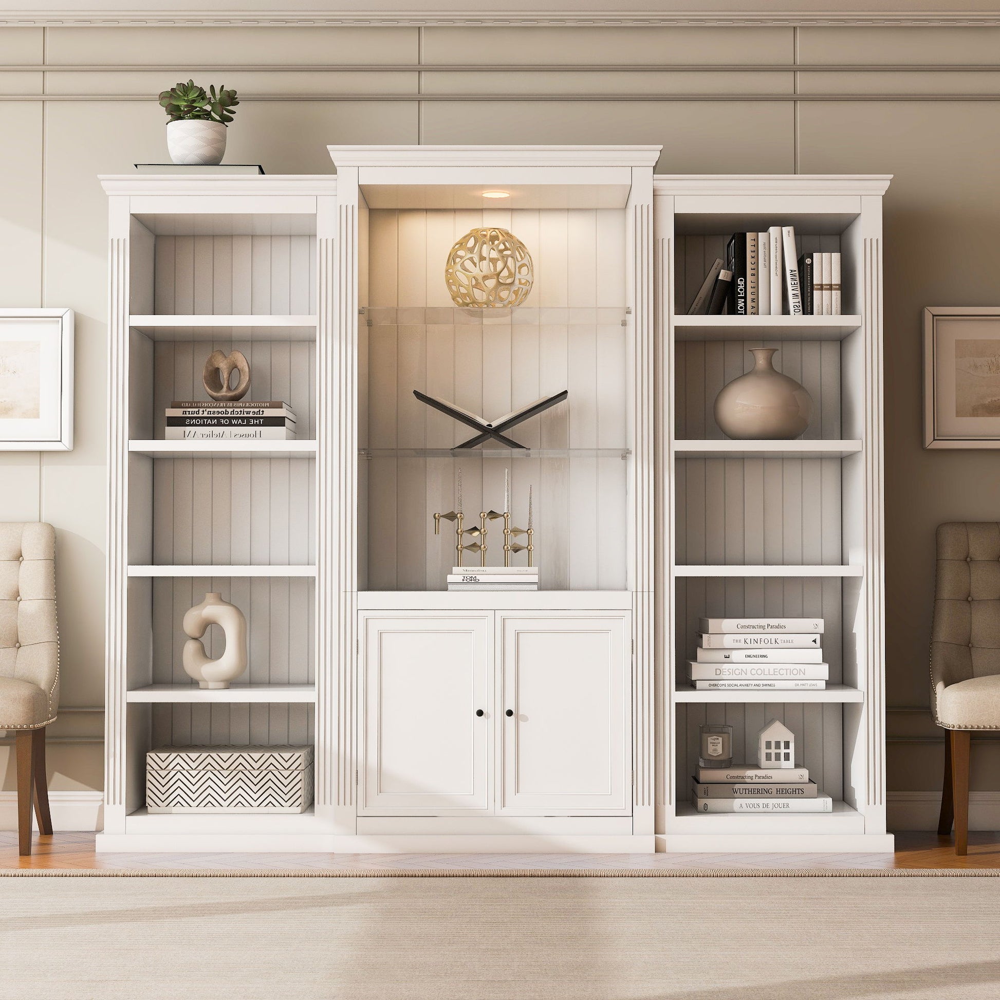 Retro Style 3 Piece Bookcase Display Cabinet With Adjustable LED Lighting, Tempered Glass Shelves - White - Best Buy Furniture