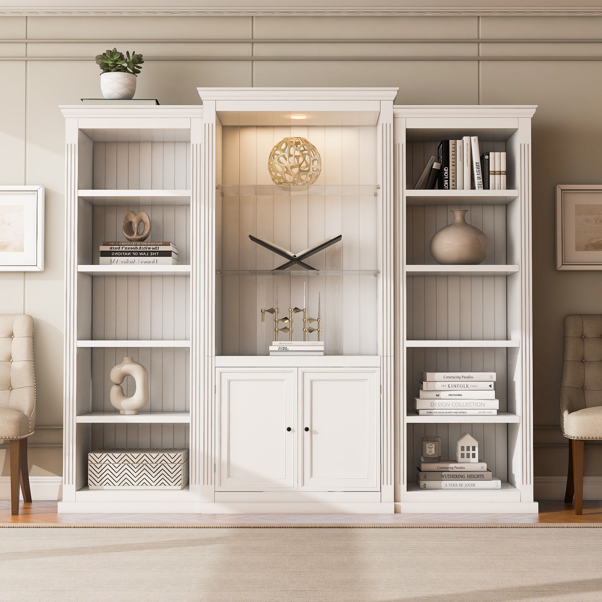 Retro Style 3 Piece Bookcase Display Cabinet With Adjustable LED Lighting, Tempered Glass Shelves - White - Best Buy Furniture