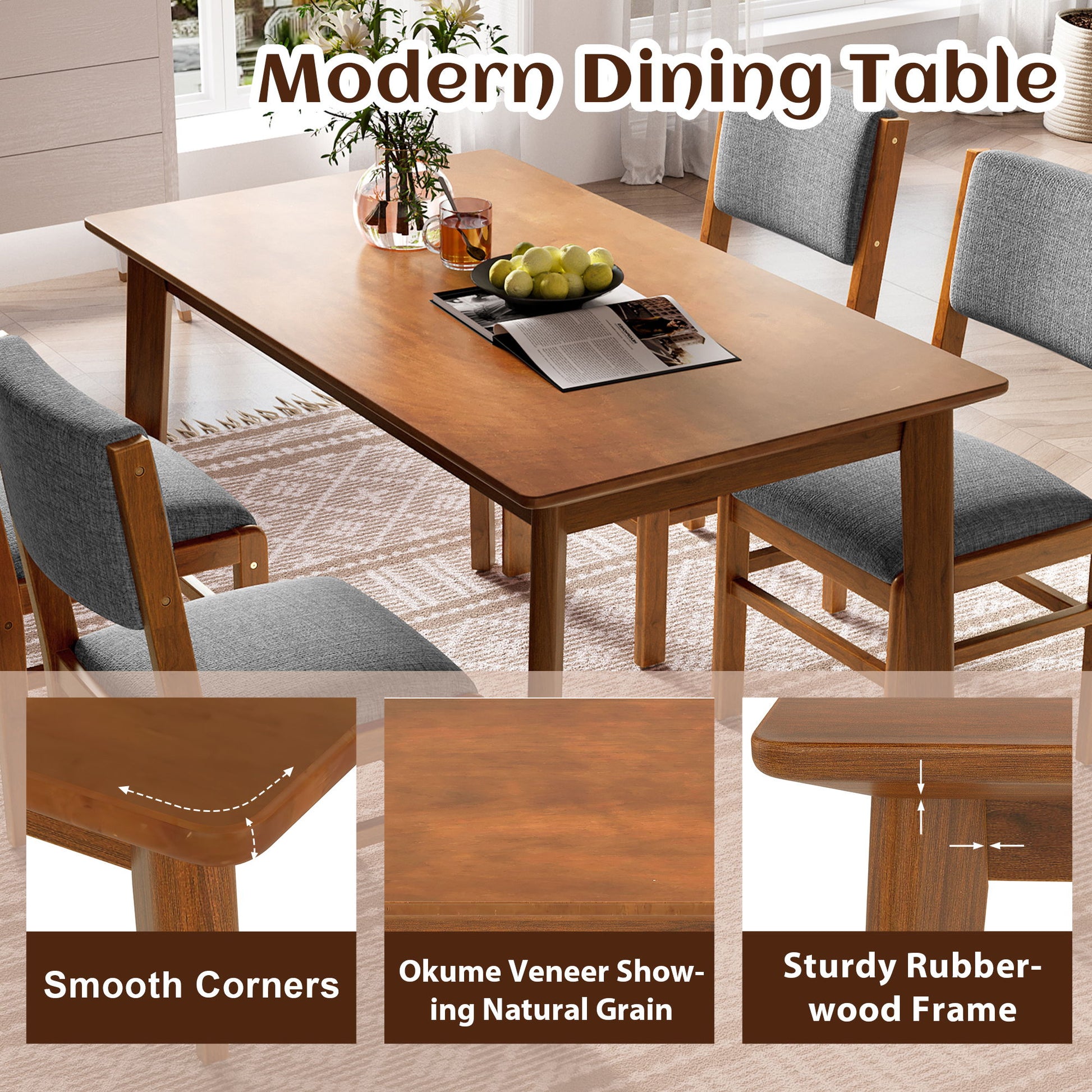 5 Pieces Rectangle Wooden Dining Table Set, Mid Century Modern Kitchen Table And 4 Upholstered Chairs For Home, Saving Space - Brown / Gray - Best Buy Furniture