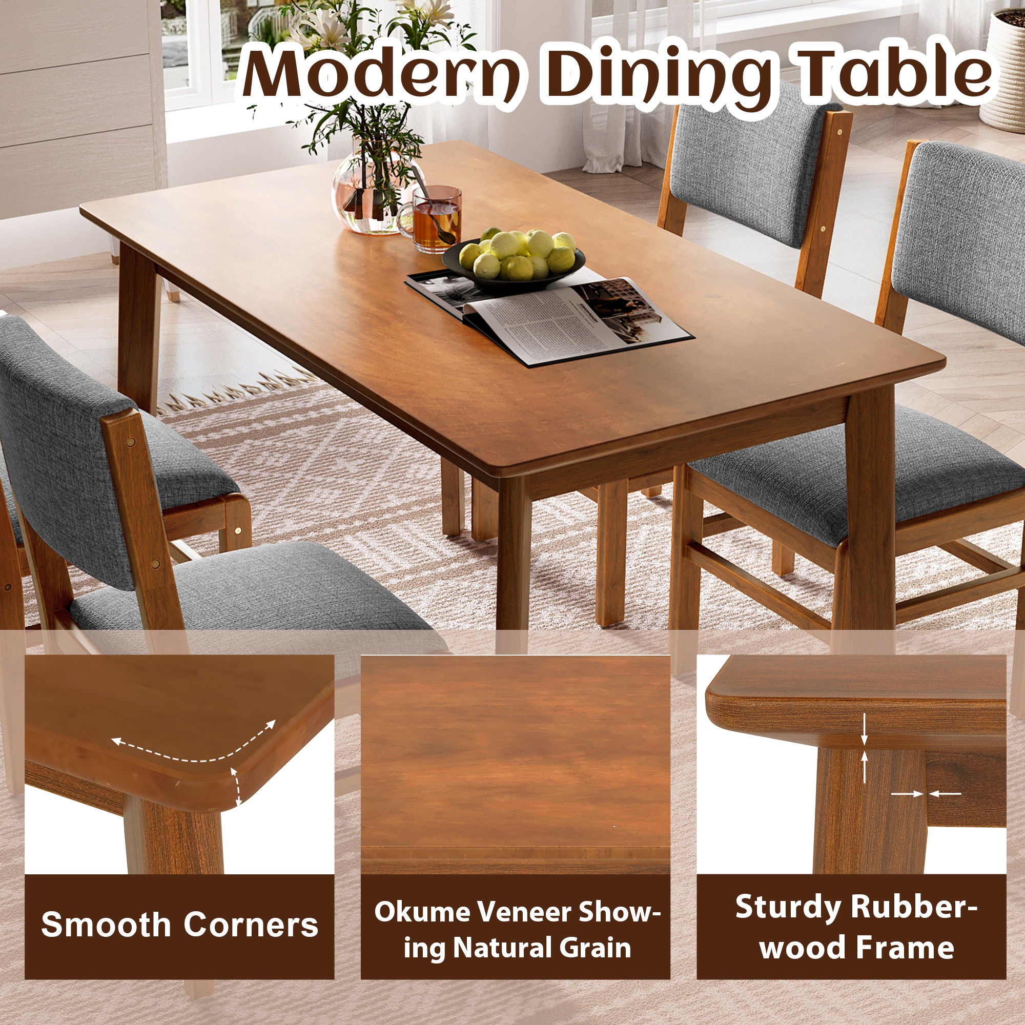 5 Pieces Rectangle Wooden Dining Table Set, Mid Century Modern Kitchen Table And 4 Upholstered Chairs For Home, Saving Space - Brown / Gray - Best Buy Furniture
