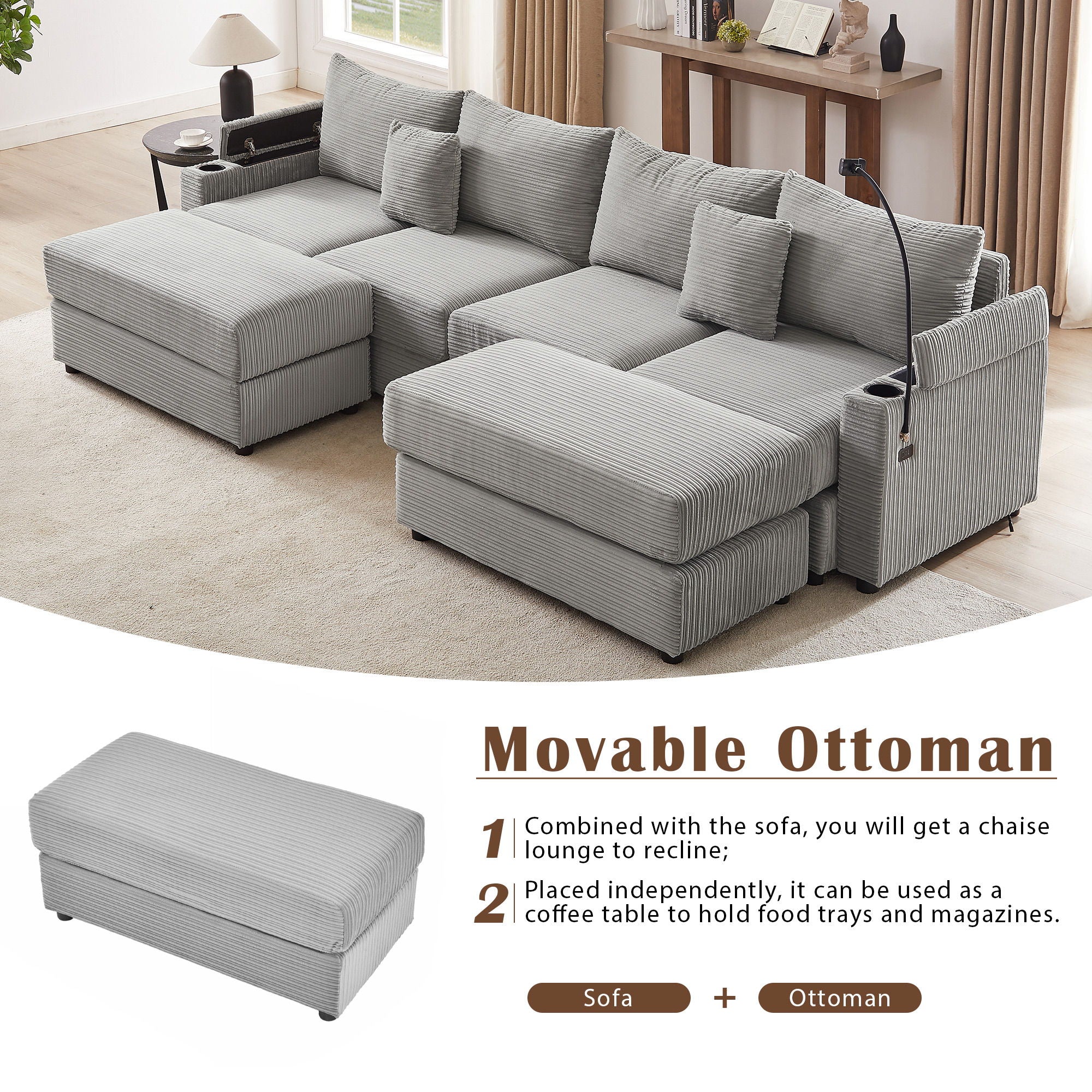 Modern Style Loveseat Sofa Sectional Sofa Couch With Storage Space, A Movable Ottoman, Two USB Ports, Two Cup Holders, A Phone Holder For Living Room - Best Buy Furniture