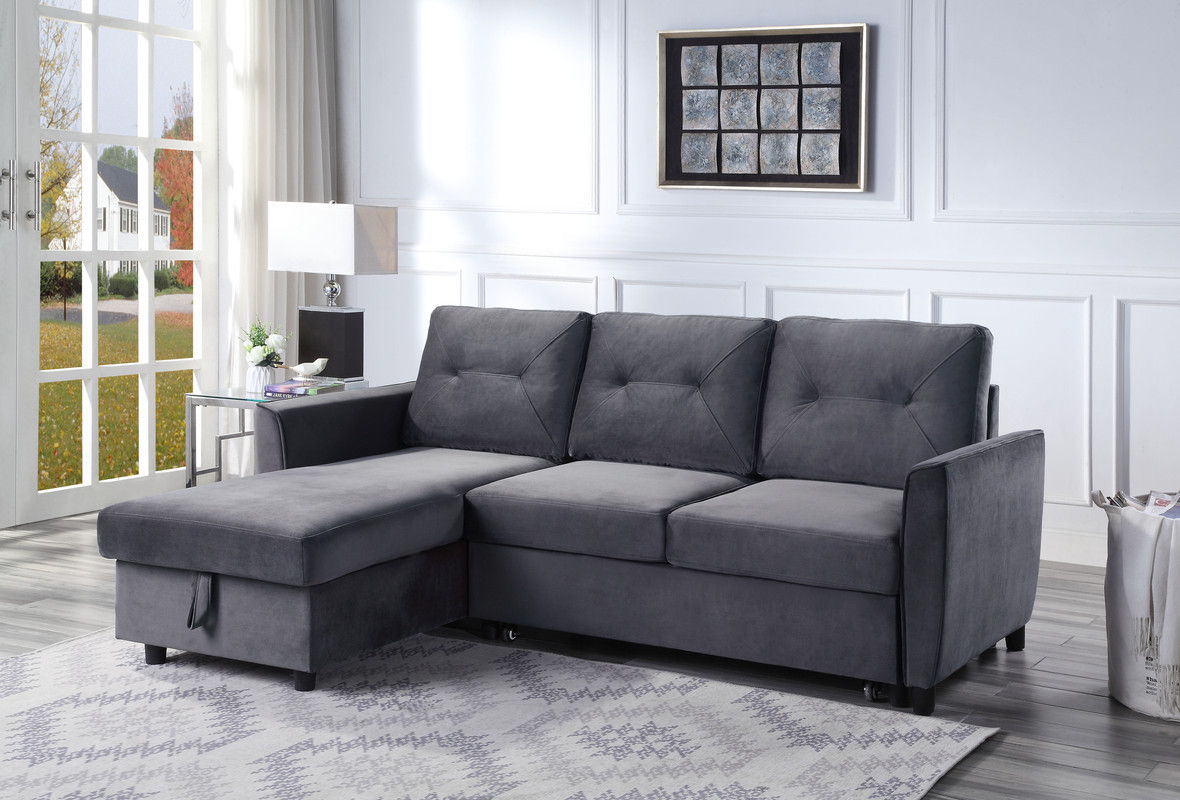 Hudson - Velvet Reversible Sleeper Sectional Sofa With Storage Chaise - Dark Gray - Best Buy Furniture
