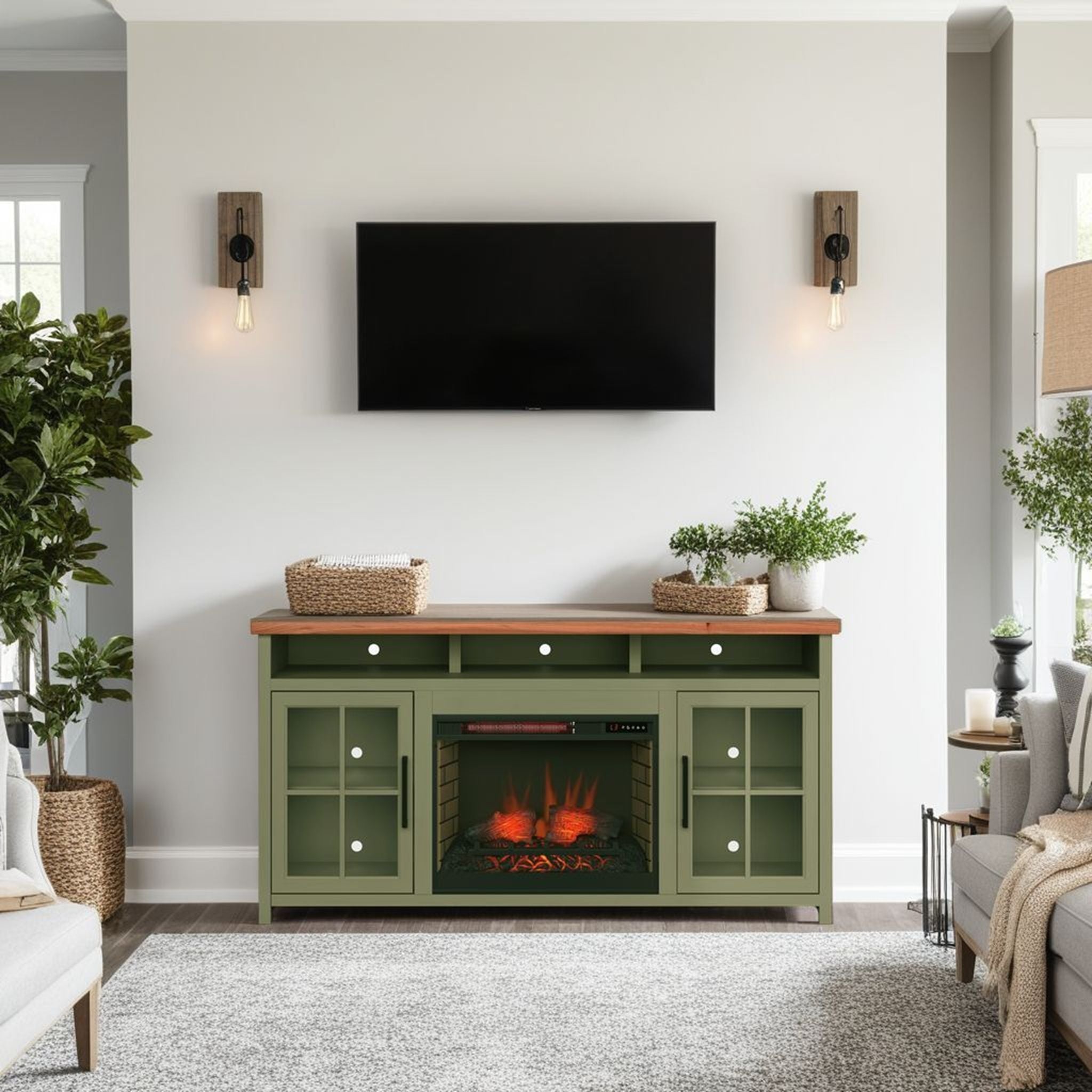 Vineyard - 74" Fireplace TV Stand Console For TVs Up To 85" - Sage Green And Fruitwood - Best Buy Furniture
