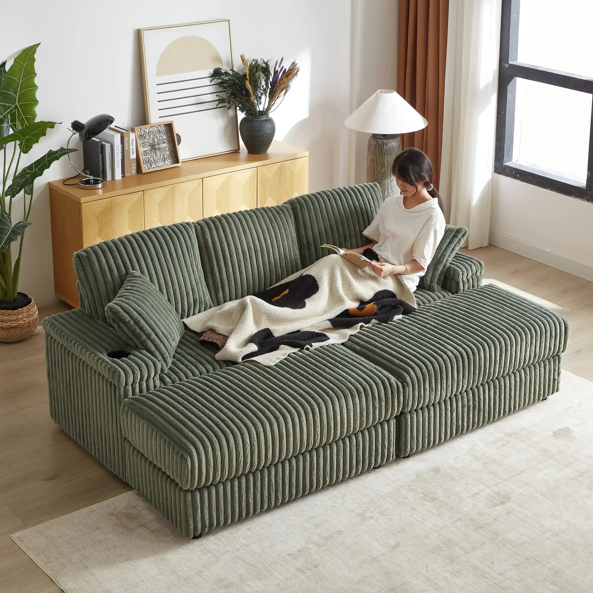Xena Modern Corduroy Sofa With Cupholders with Storage And Ottomans - Best Buy Furniture