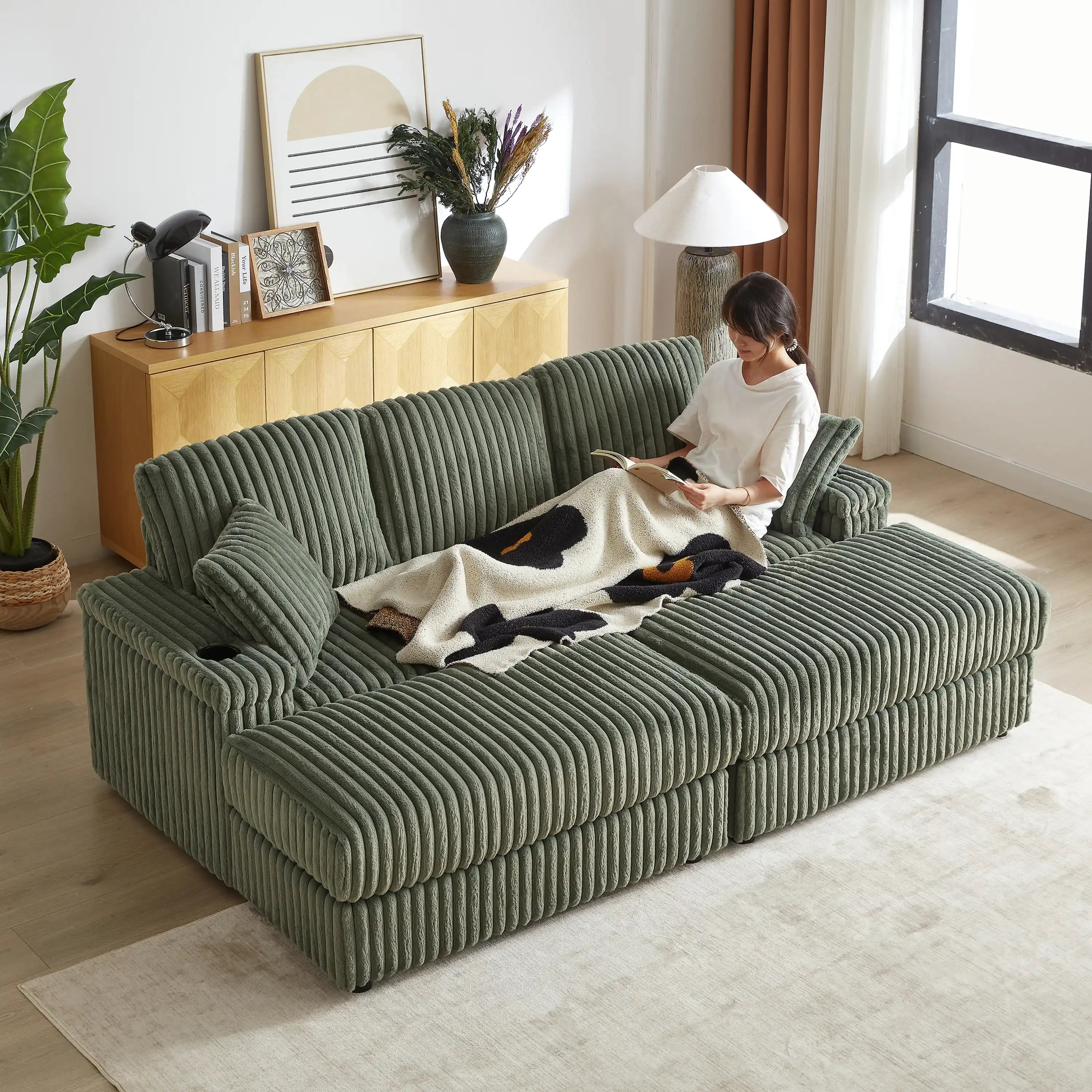 Xena Modern Corduroy Sofa With Cupholders with Storage And Ottomans - Best Buy Furniture