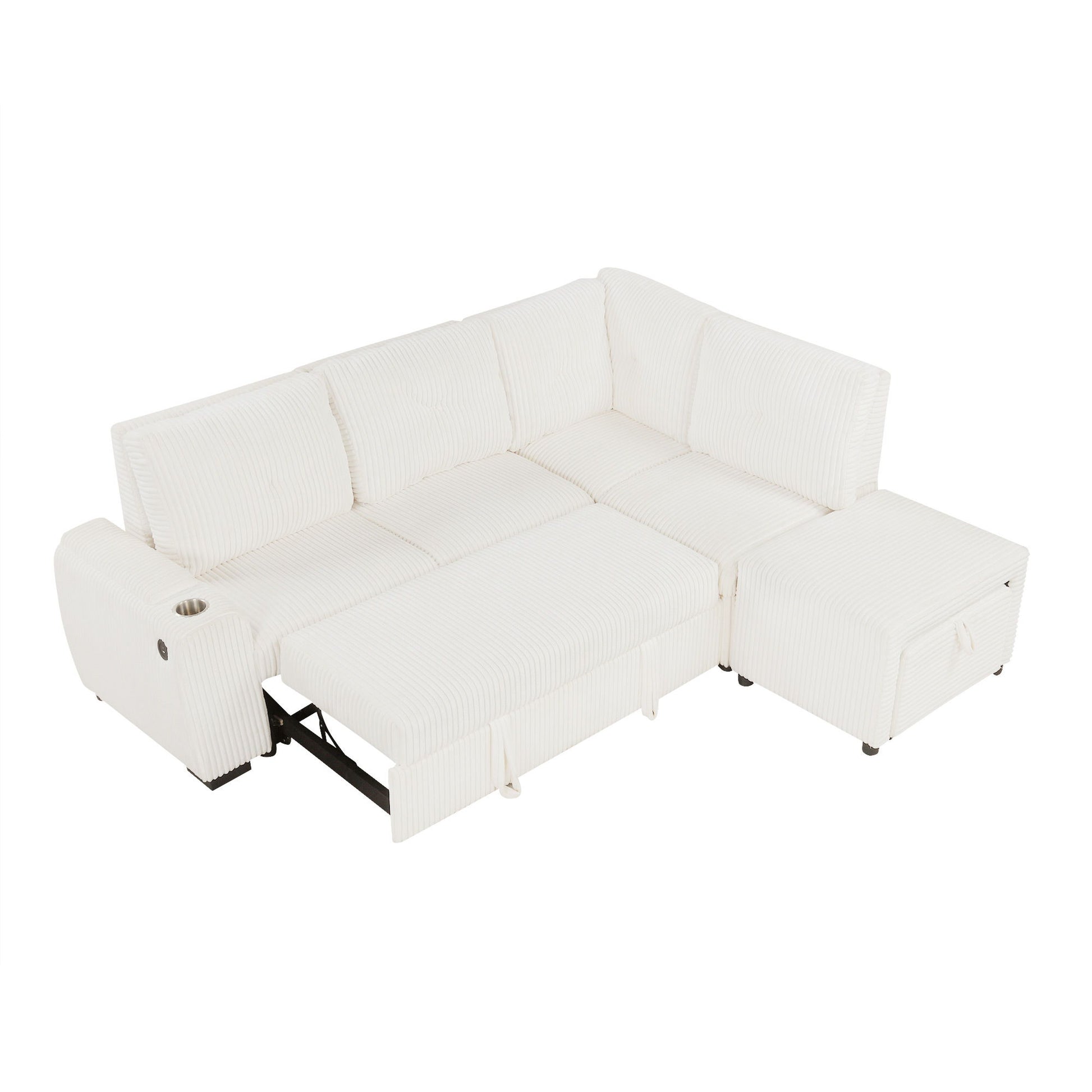 Pull-Out L-Shaped Sectional Sofa With Movable Ottoman And Stool, Large Storage Space, A Cup Holder, And 2 USB Ports For Living Room - Best Buy Furniture
