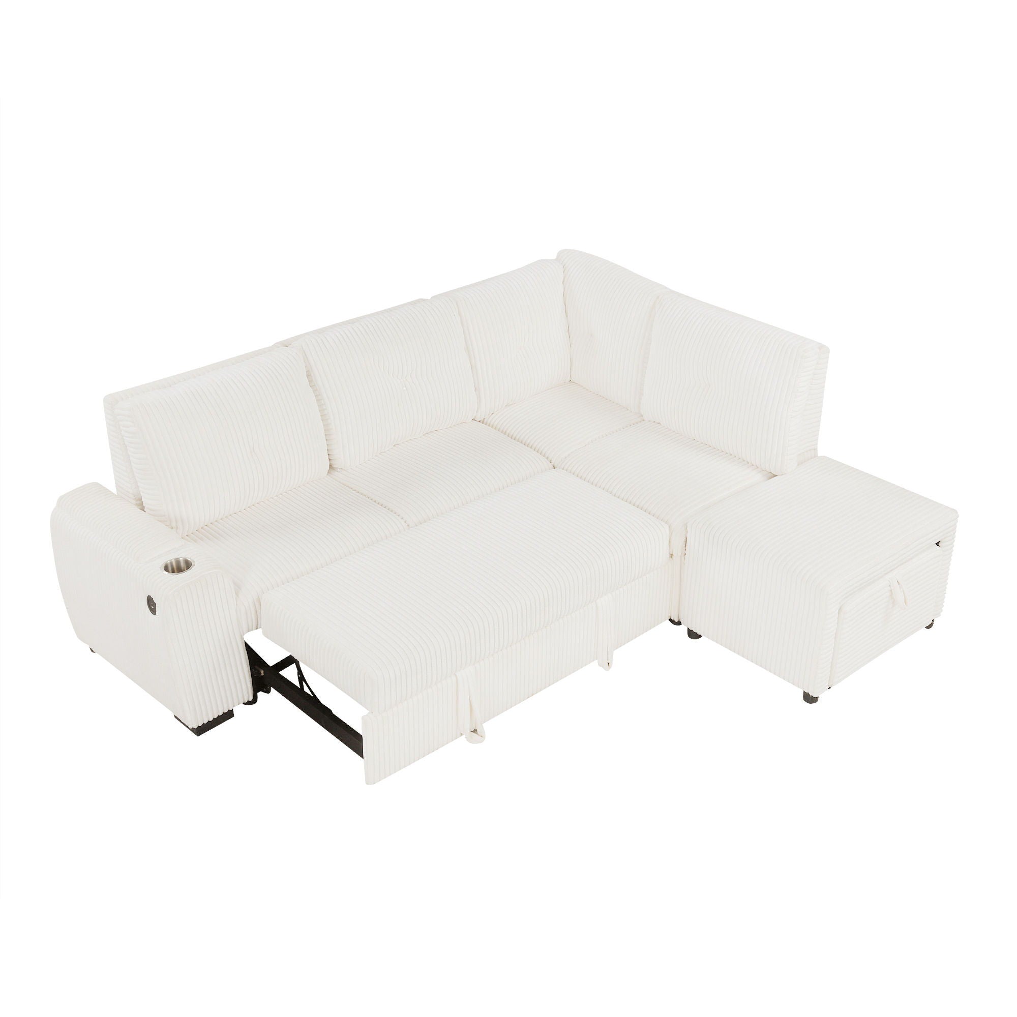Pull-Out L-Shaped Sectional Sofa With Movable Ottoman And Stool, Large Storage Space, A Cup Holder, And 2 USB Ports For Living Room - Best Buy Furniture