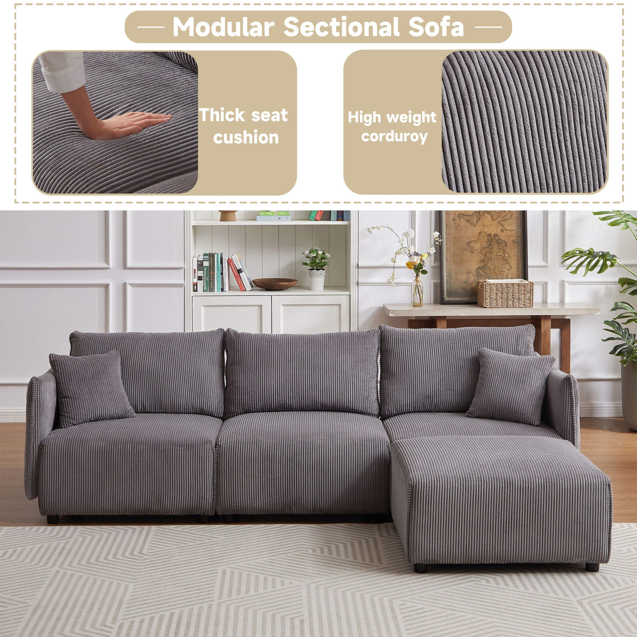 Modern Minimalist Corduroy Combination Sofa With 2 Comfort Cushions With USB & C Charging Ports - Best Buy Furniture
