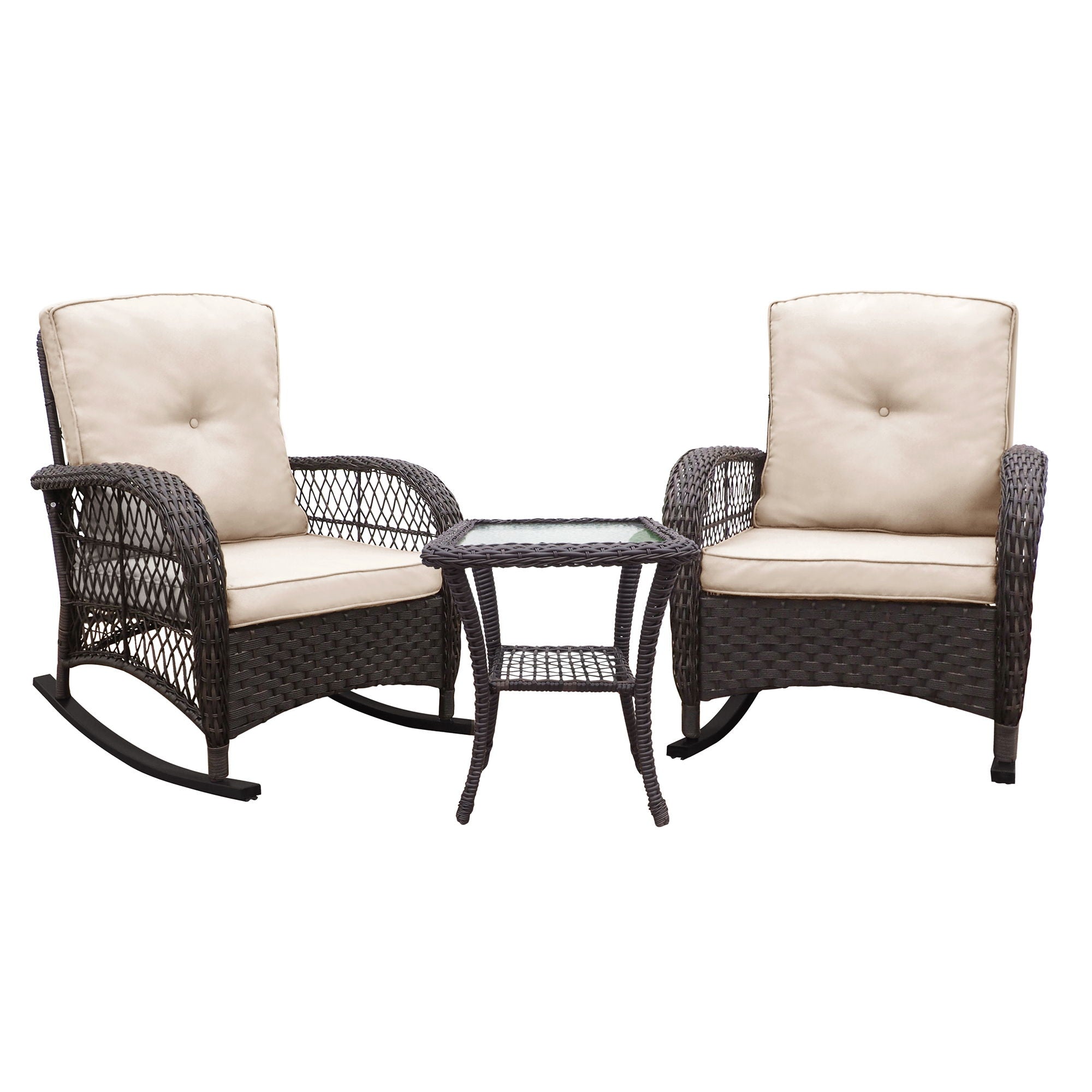 3 Pieces Conversation Set, Outdoor Wicker Rocker Patio Bistro Set, Rocking Chair With Glass Top Side Table - Brown / Beige - Best Buy Furniture