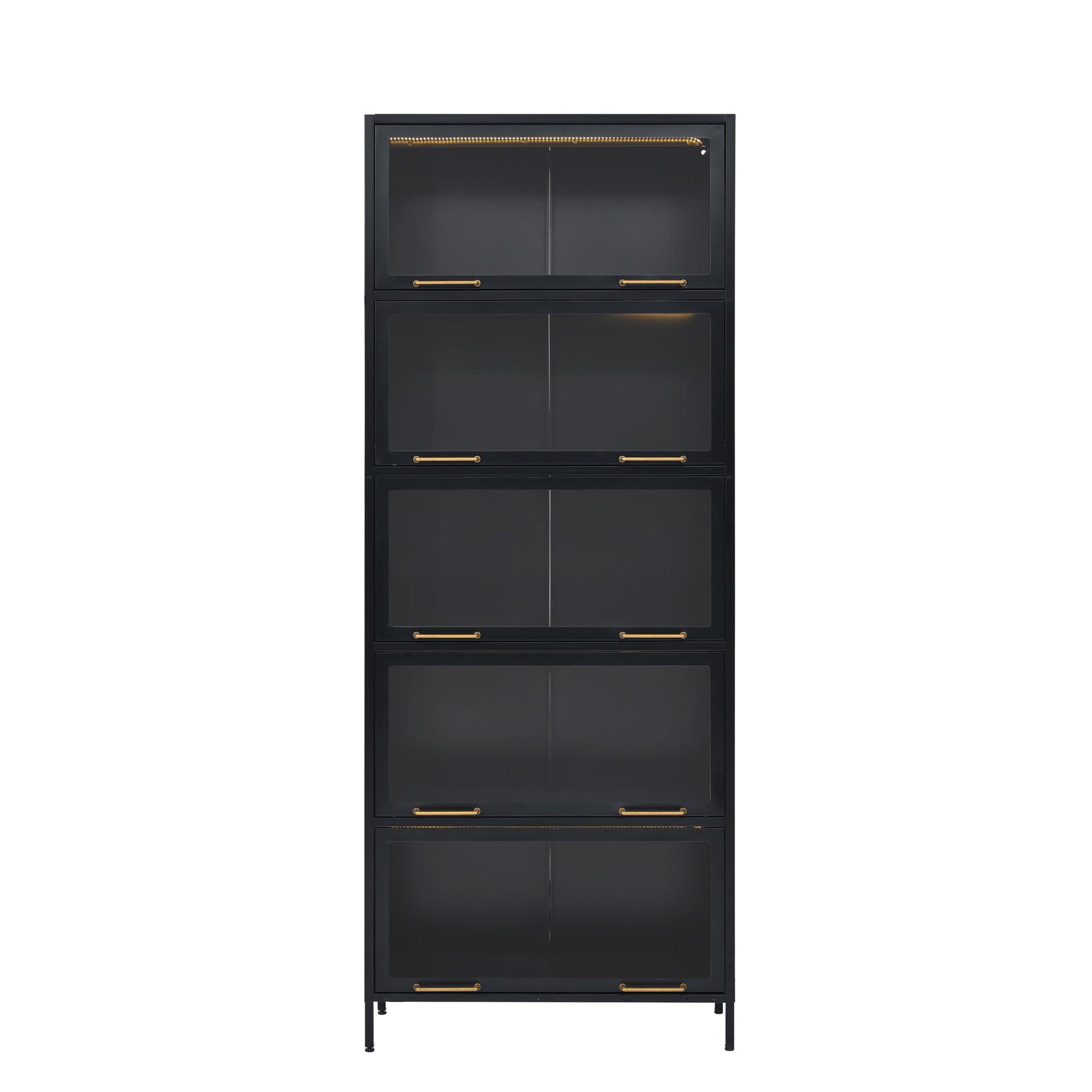 Modern Steel Display Cabinet With Glass Doors And LED Lights, 5 Tier Steel Barrister Bookcase For Home Or Office - Black - Best Buy Furniture
