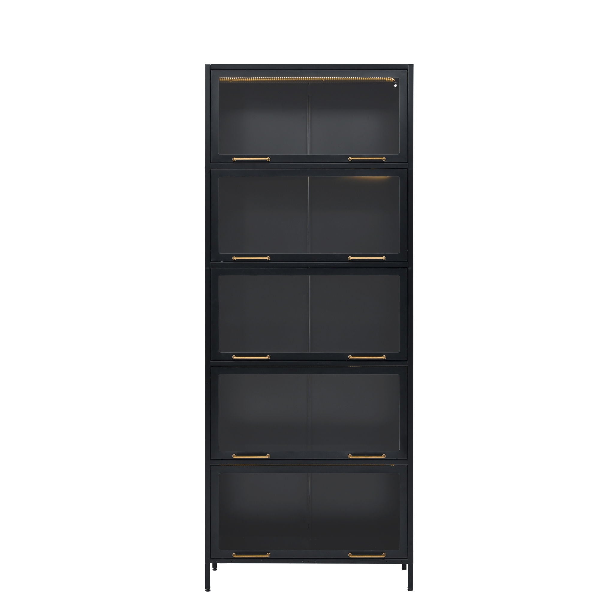 Modern Steel Display Cabinet With Glass Doors And LED Lights, 5 Tier Steel Barrister Bookcase For Home Or Office - Black - Best Buy Furniture