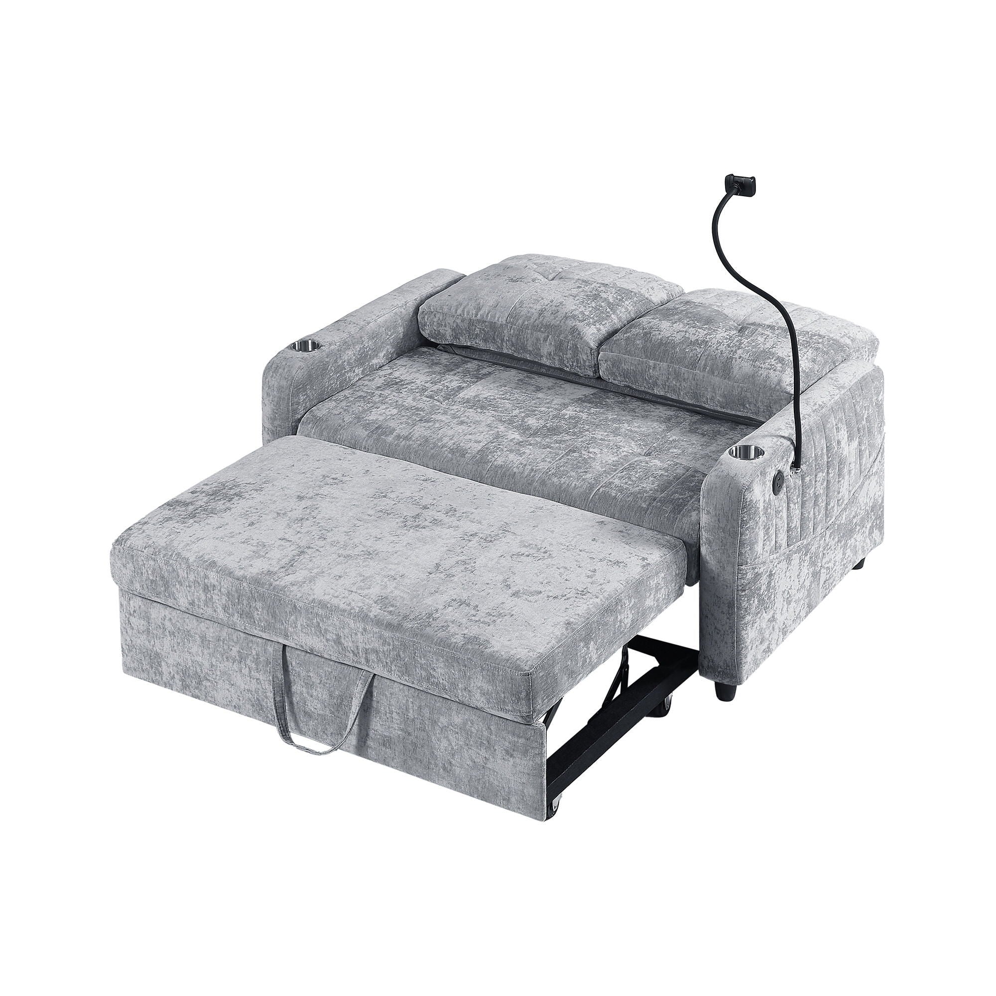 Modern Loveseat Pull Out Sofa Bed With Adjustable Backrest, Two Cup Holders, A Phone Holder, Three Charging Ports And Side Storage Pockets For Living Room - Best Buy Furniture