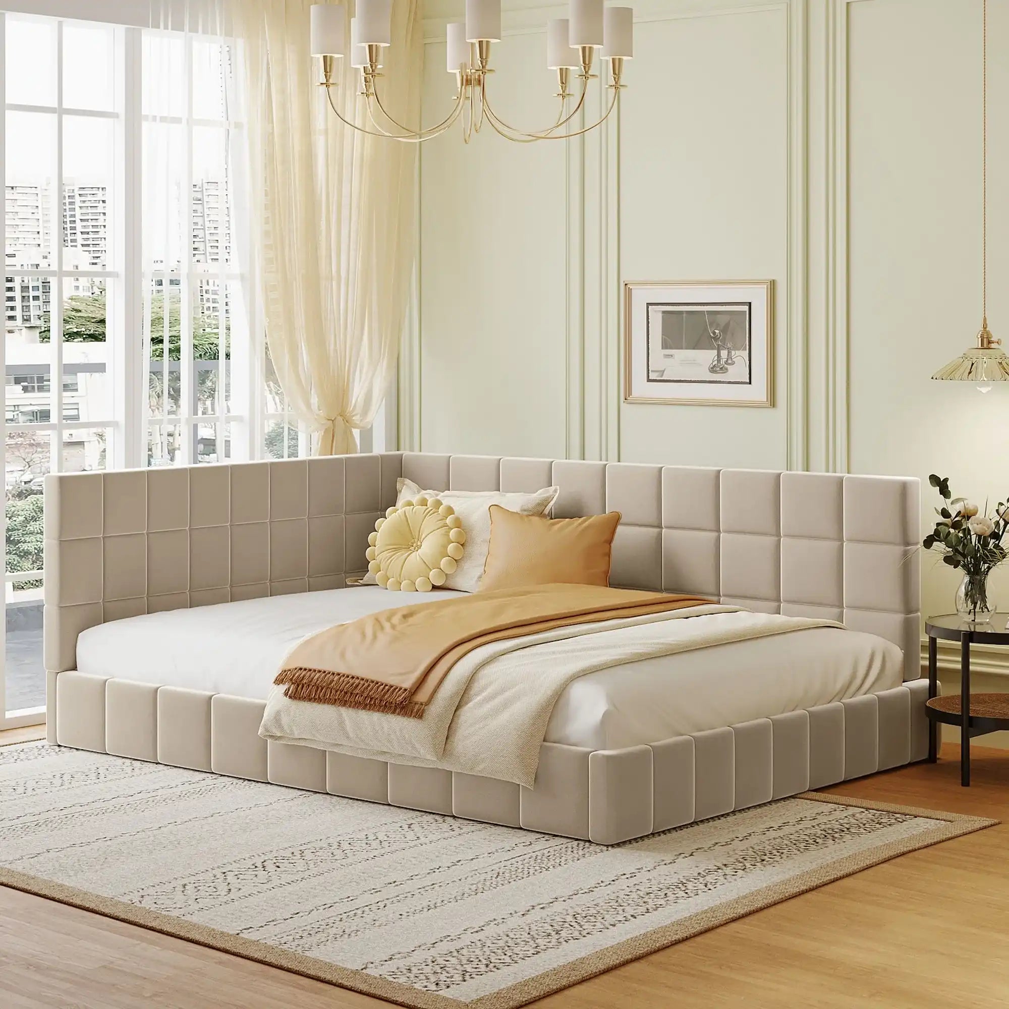 Full Size Upholstered Daybed/Sofa Bed Frame-Beige, Velvet - Best Buy Furniture