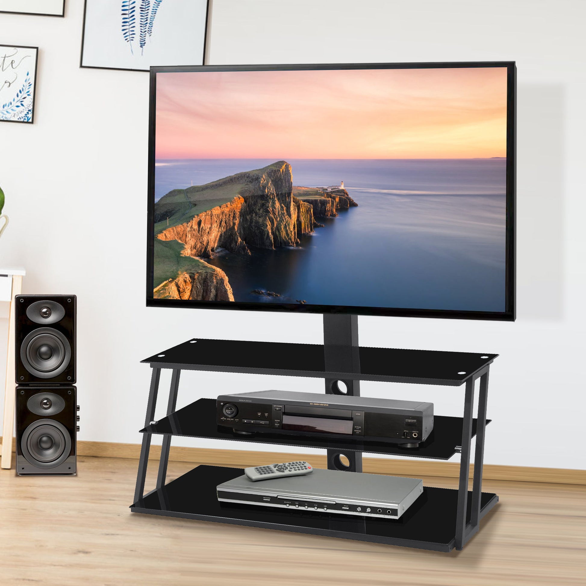 Multi-Function Angle And Height Adjustable Tempered Glass TV Stand - Black - Best Buy Furniture