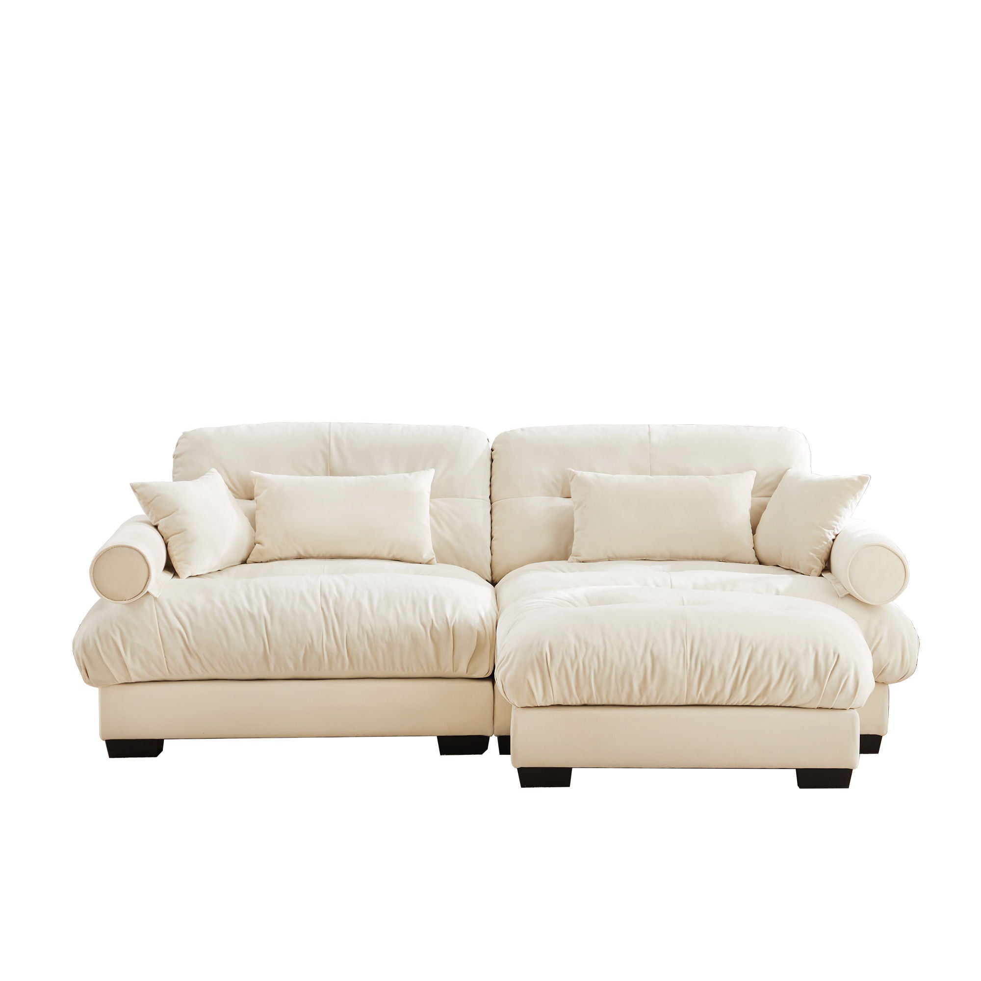 Modern Sectional Sofa With Ottoman, Round Bolster Armrests, Waist And Throw Pillows