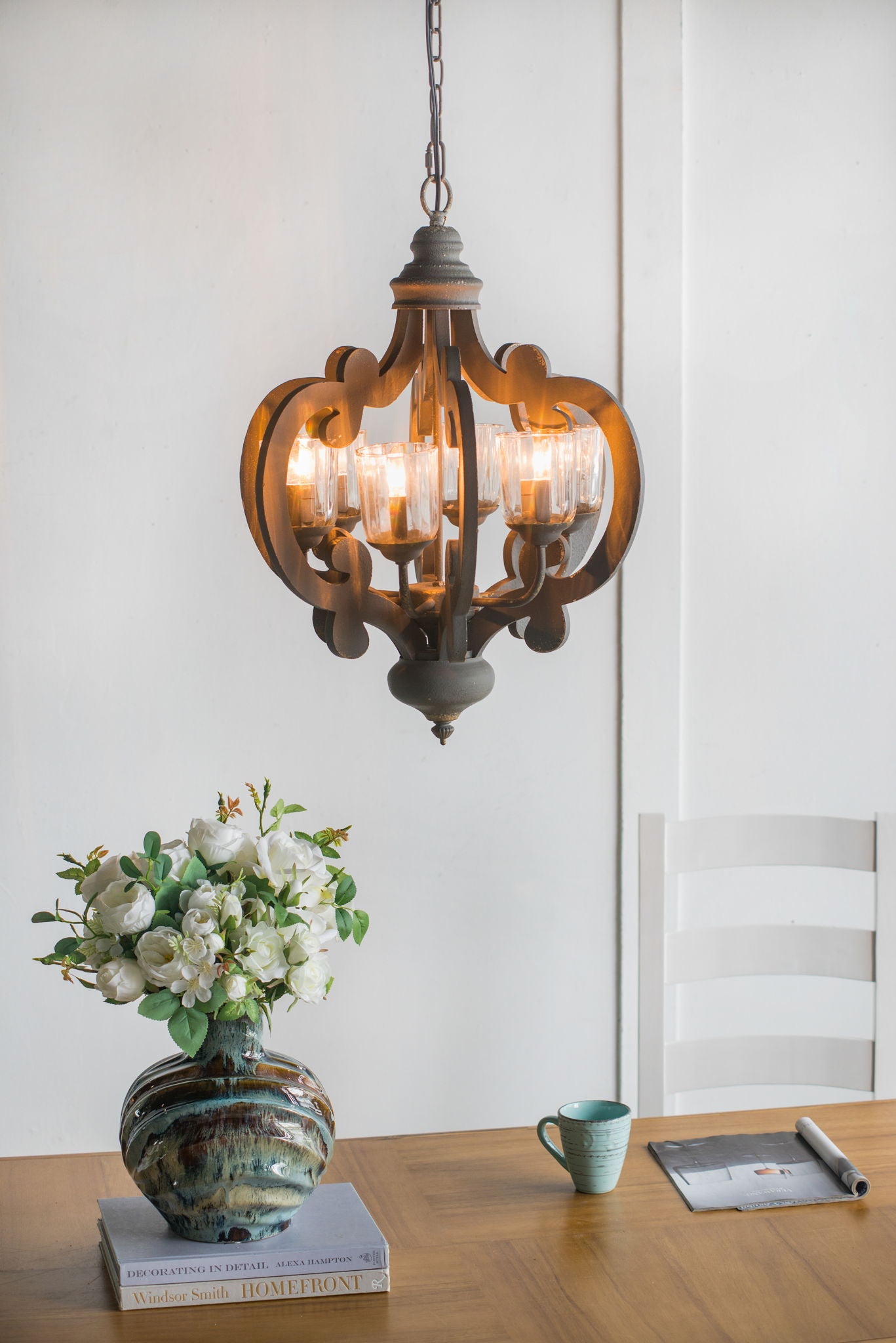 Farmhouse Chandelier, 6 Light Wood Chandelier Pendant Light Fixture With Adjustable Chain For Dining Room Living Room Entryway, Bulb Not Included - Best Buy Furniture