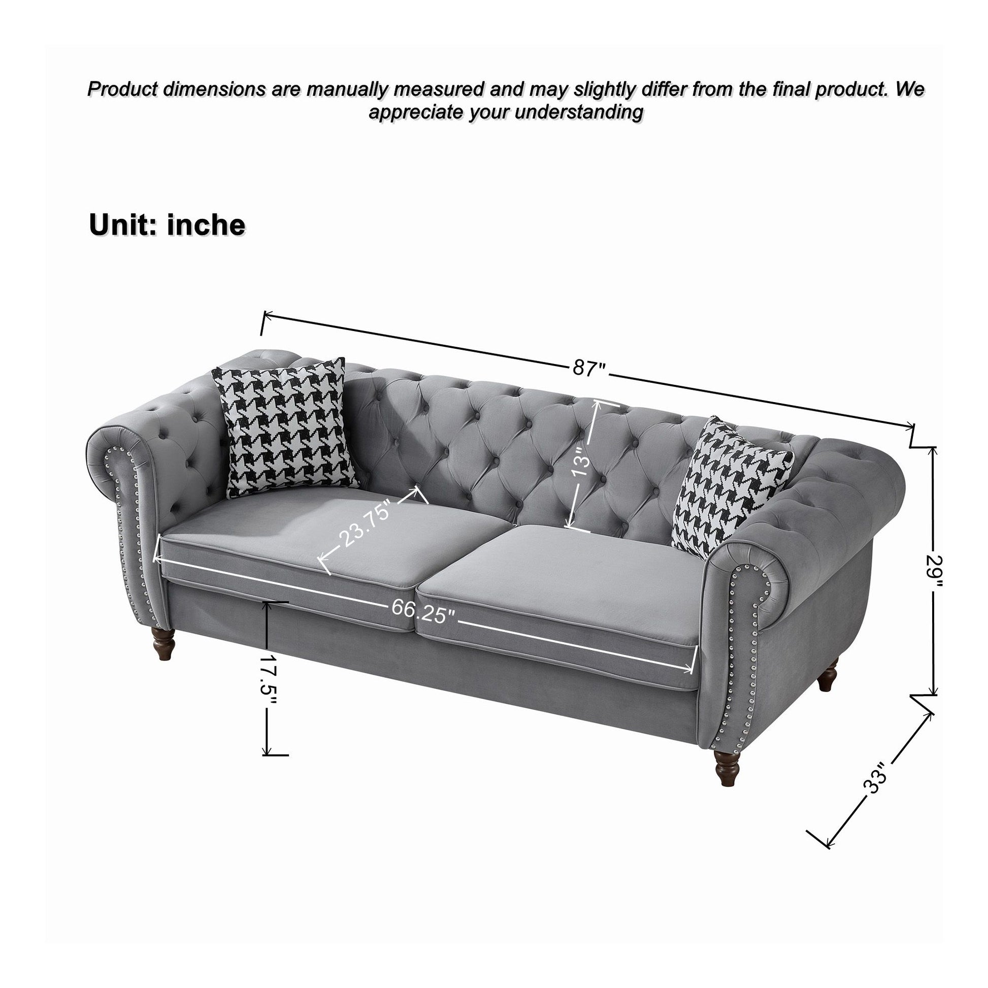 Chesterfield Velvet Upholstery Fabric Sofa With Roll Armrest & Nailhead, Mid Century Modern 3 And 3 Seater Couch - Best Buy Furniture