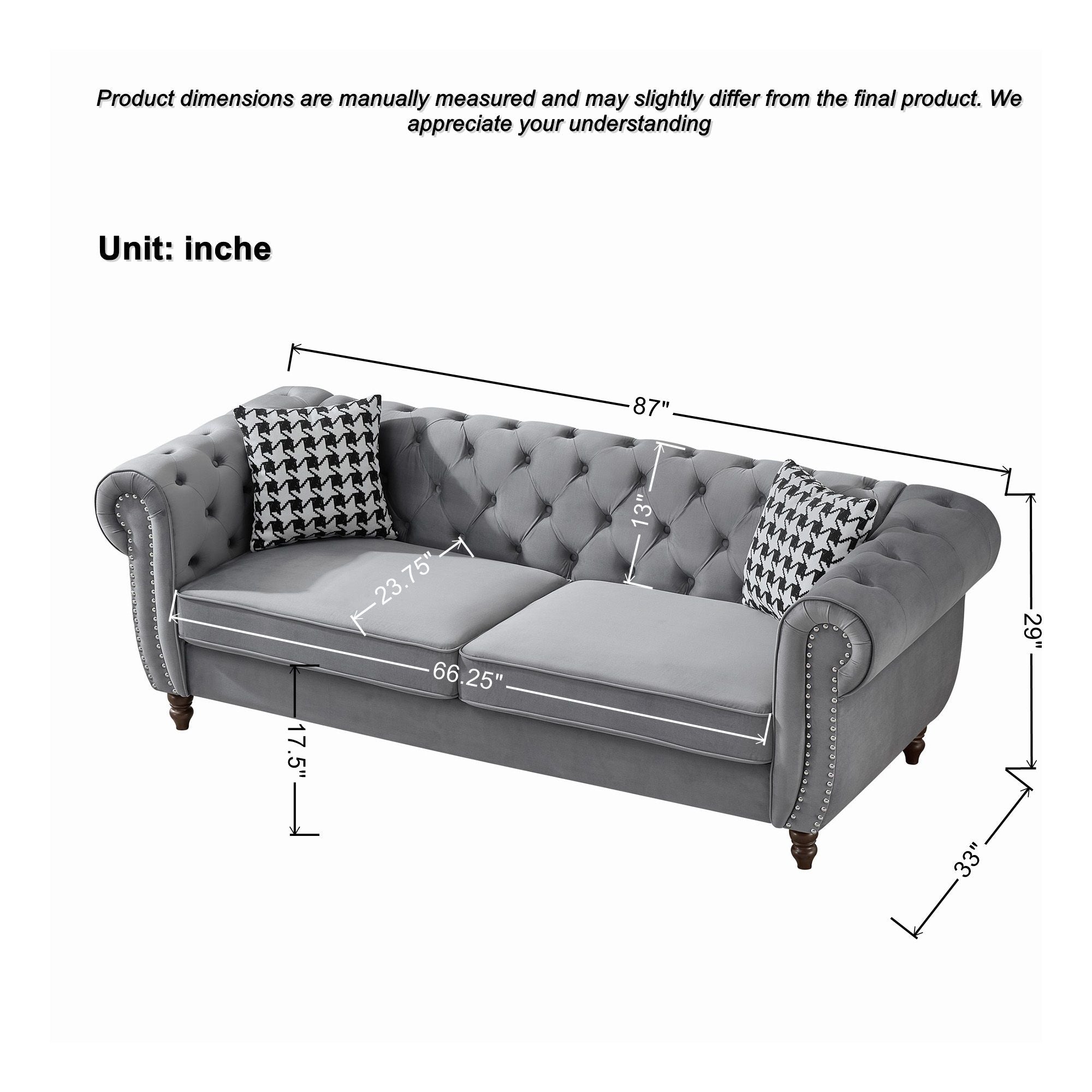 Chesterfield Velvet Upholstery Fabric Sofa With Roll Armrest & Nailhead, Mid Century Modern 3 And 3 Seater Couch - Best Buy Furniture