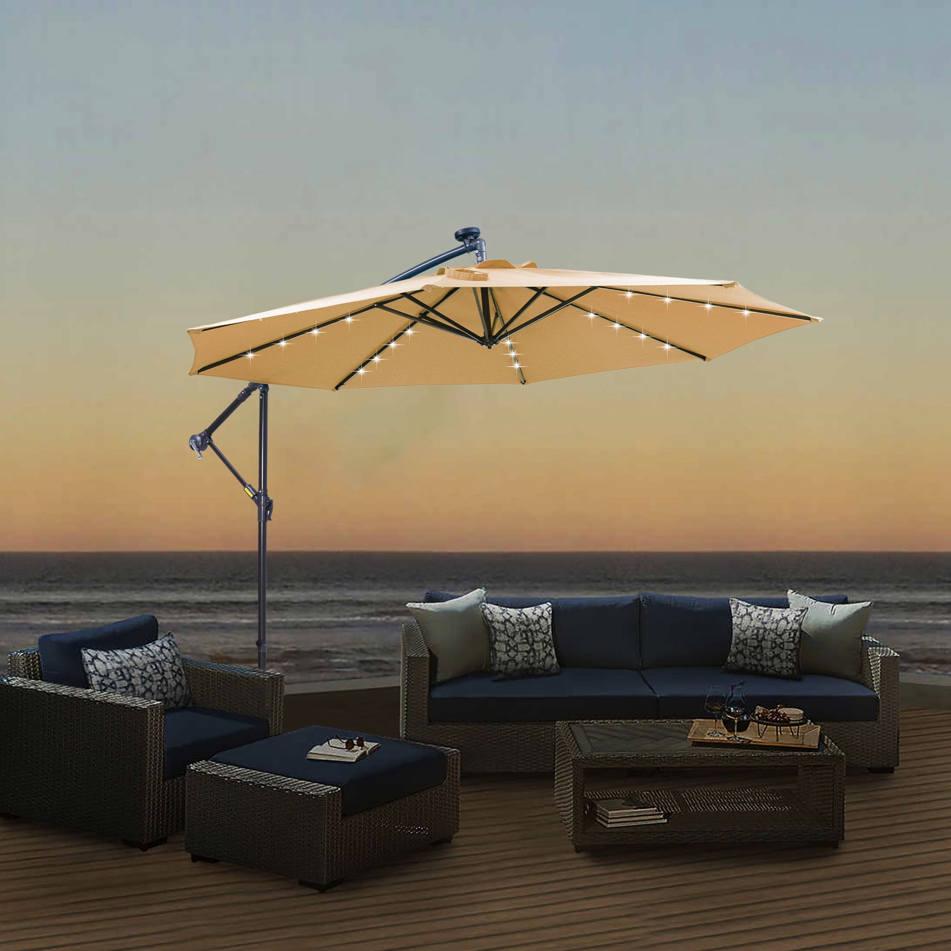 Outdoor Cantilever Patio Umbrella With 32 LED Lights 10 Ft Hanging Design Easy Open Adjustment Metal Frame - Taupe - Best Buy Furniture