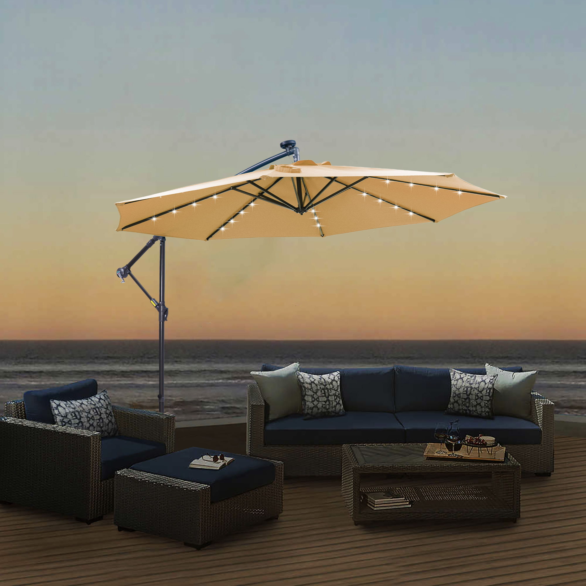Outdoor Cantilever Patio Umbrella With 32 LED Lights 10 Ft Hanging Design Easy Open Adjustment Metal Frame - Taupe - Best Buy Furniture