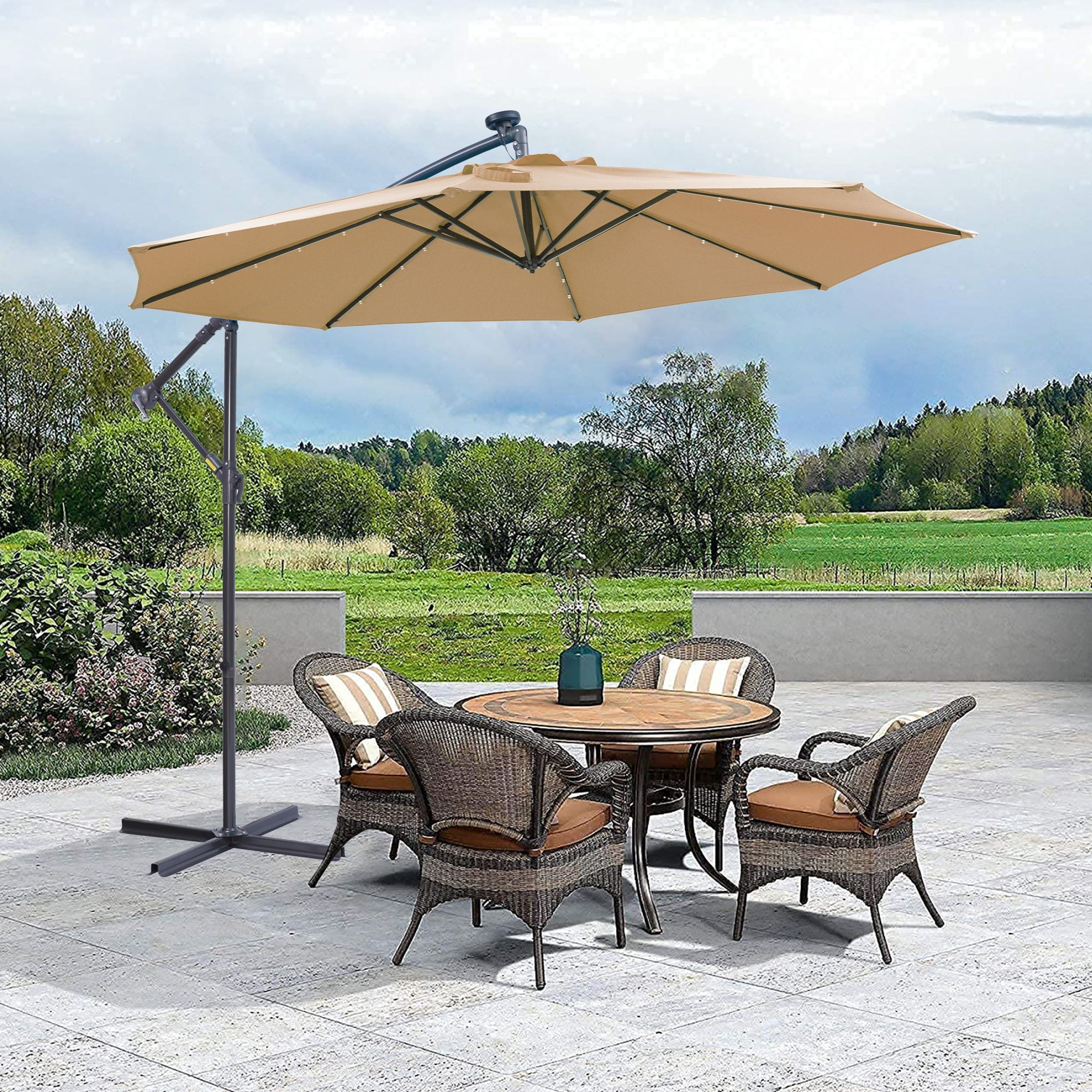 Outdoor Cantilever Patio Umbrella With 32 LED Lights 10 Ft Hanging Design Easy Open Adjustment Metal Frame - Taupe - Best Buy Furniture