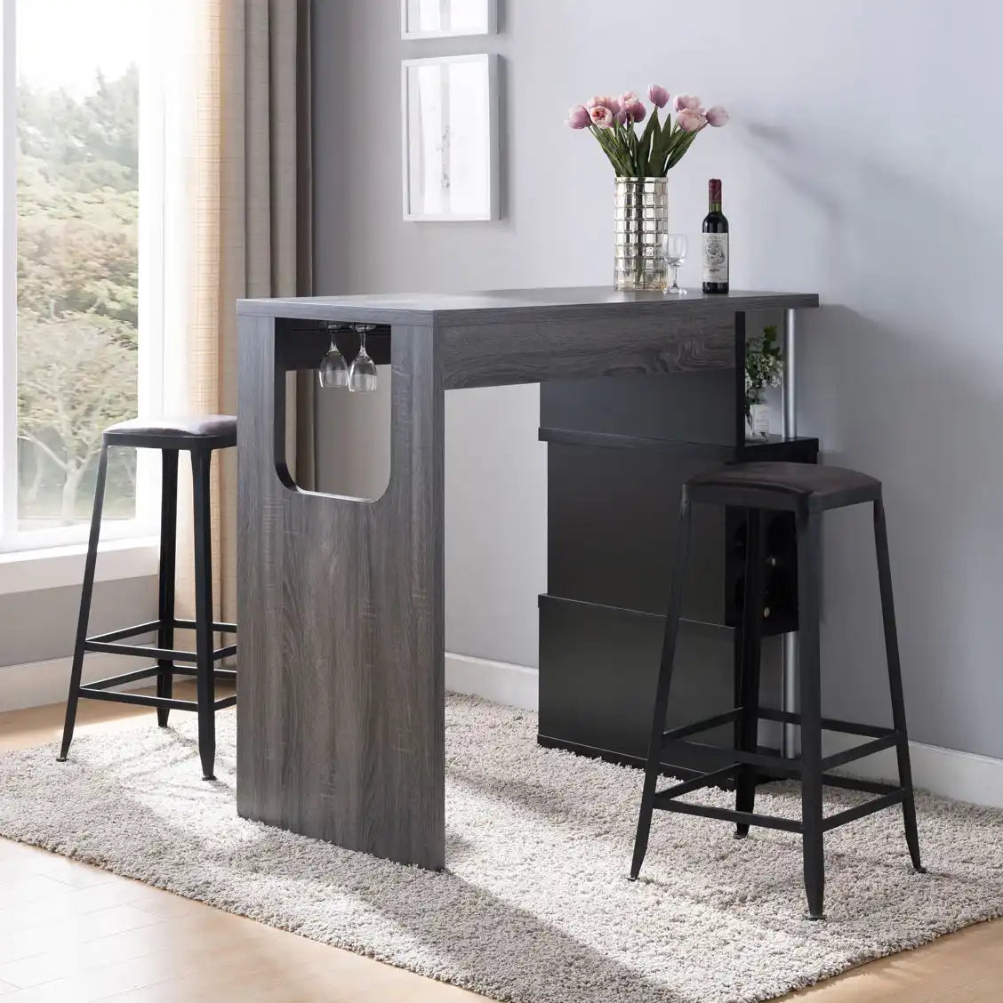 Home Bar Table With Wine Glass Compartment And Three Shelves - Distressed Gray / Black - Best Buy Furniture