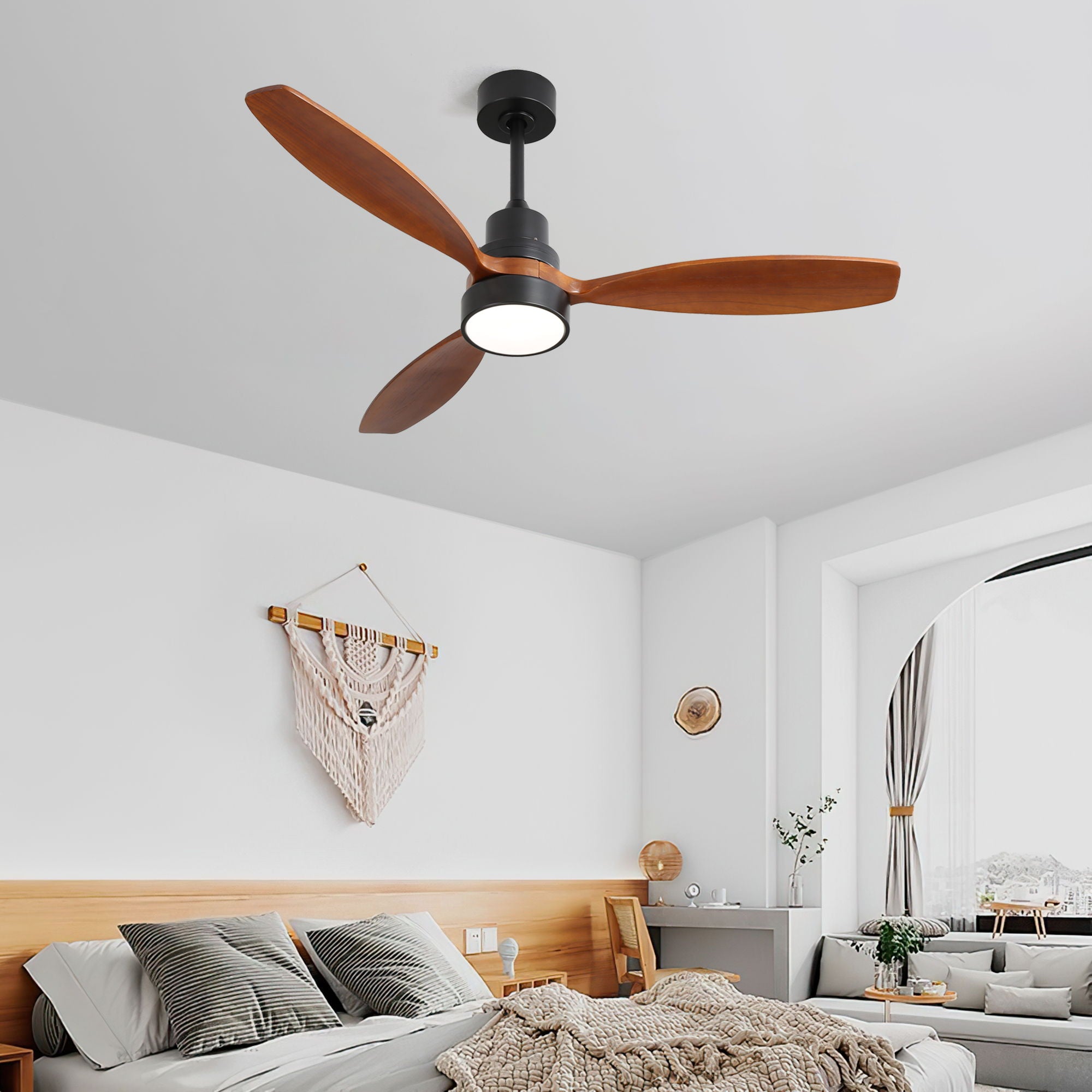 Wooden Ceiling Fan With 3 Solid Wood Blades Remote Control Reversible DC Motor With LED Light - Best Buy Furniture