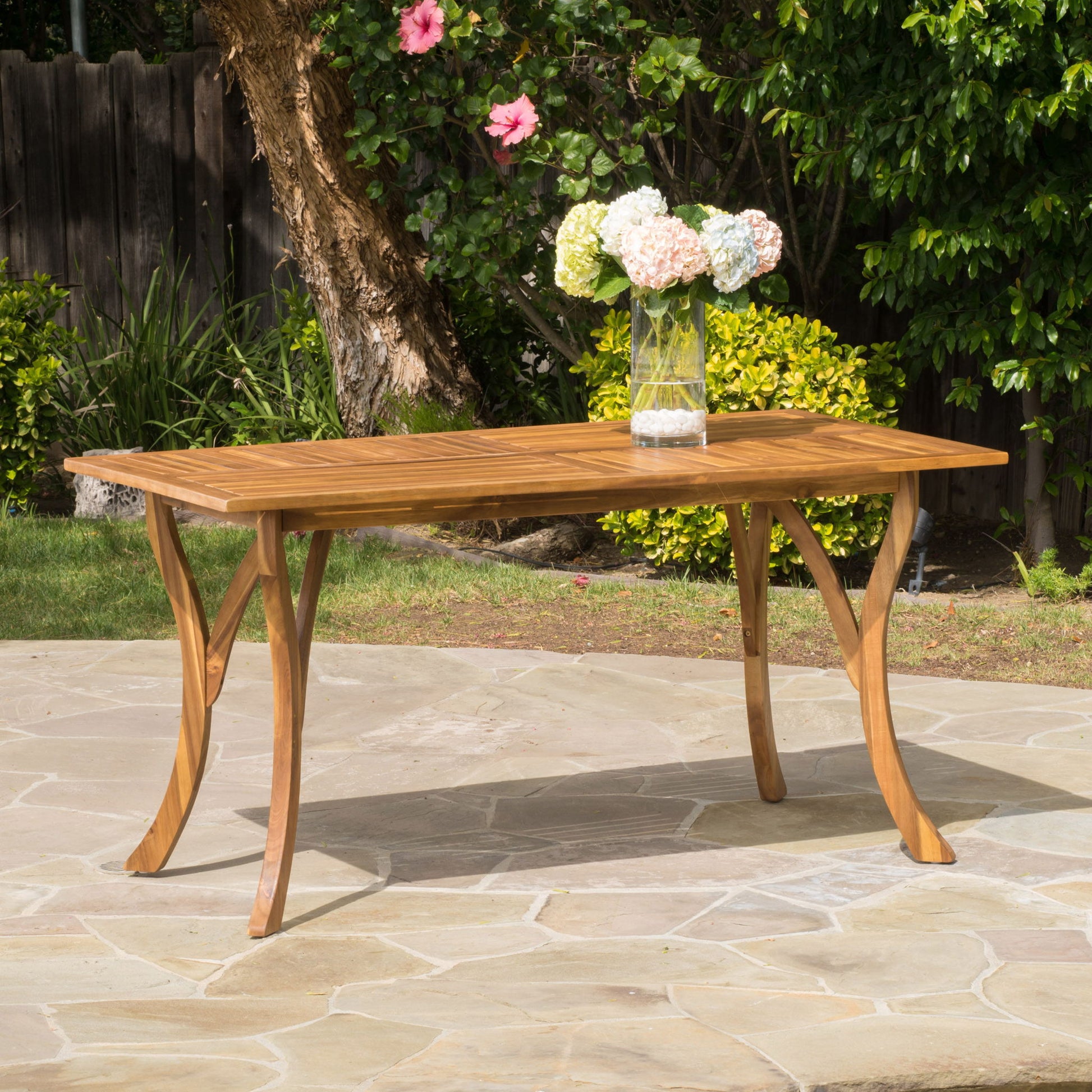 Outdoor Rectangular Table With Curved Legs And Perpendicular Wooden Slats Table Top - Best Buy Furniture