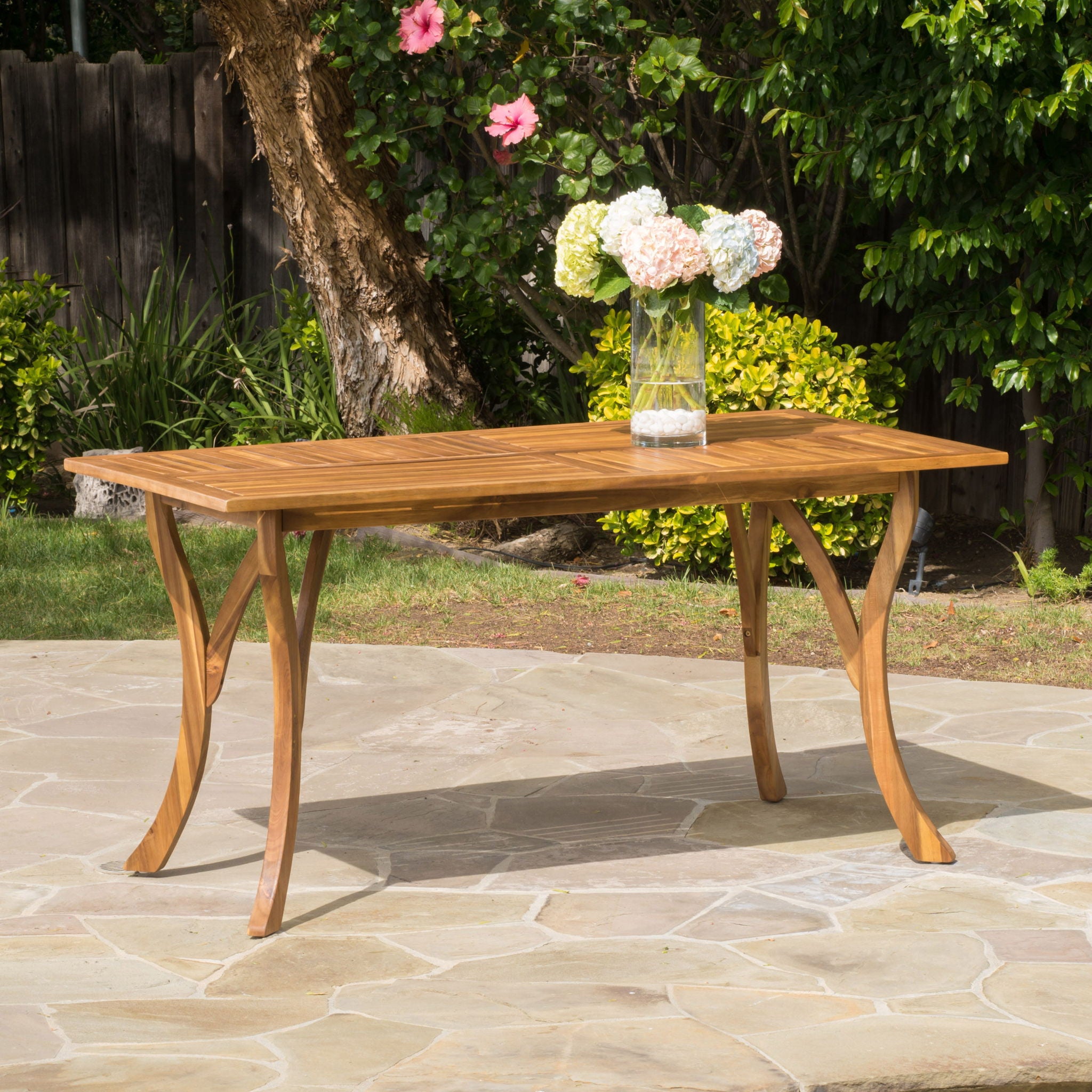 Outdoor Rectangular Table With Curved Legs And Perpendicular Wooden Slats Table Top - Best Buy Furniture