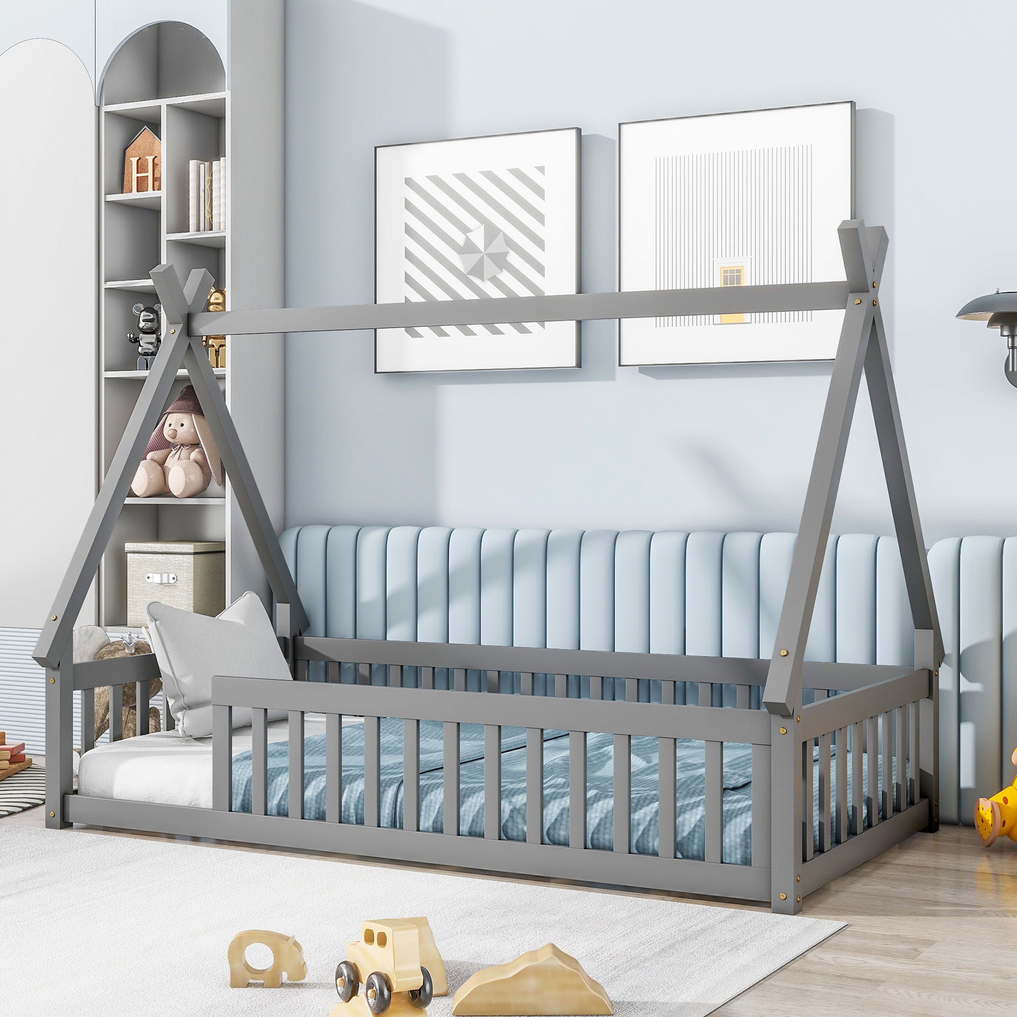 Tent-Shaped Floor Bed, Teepee Bed With Guardrails, Slats - Best Buy Furniture