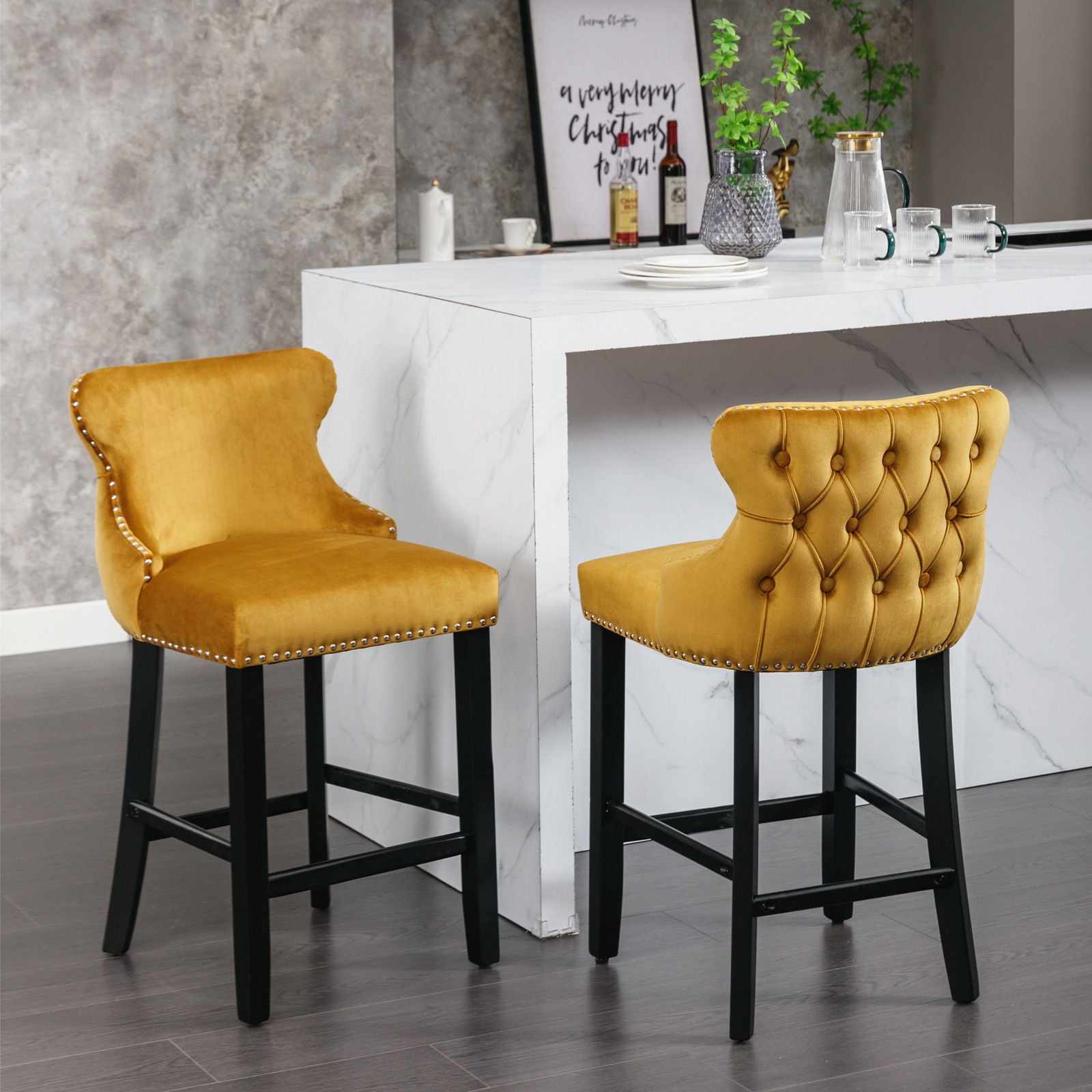 Contemporary Velvet Upholstered Wing-Back Barstools With Button Tufted Decoration And Wooden Legs, And Chrome Nailhead Trim, Leisure Style Bar Chairs, Bar Stools (Set of 2) - Best Buy Furniture