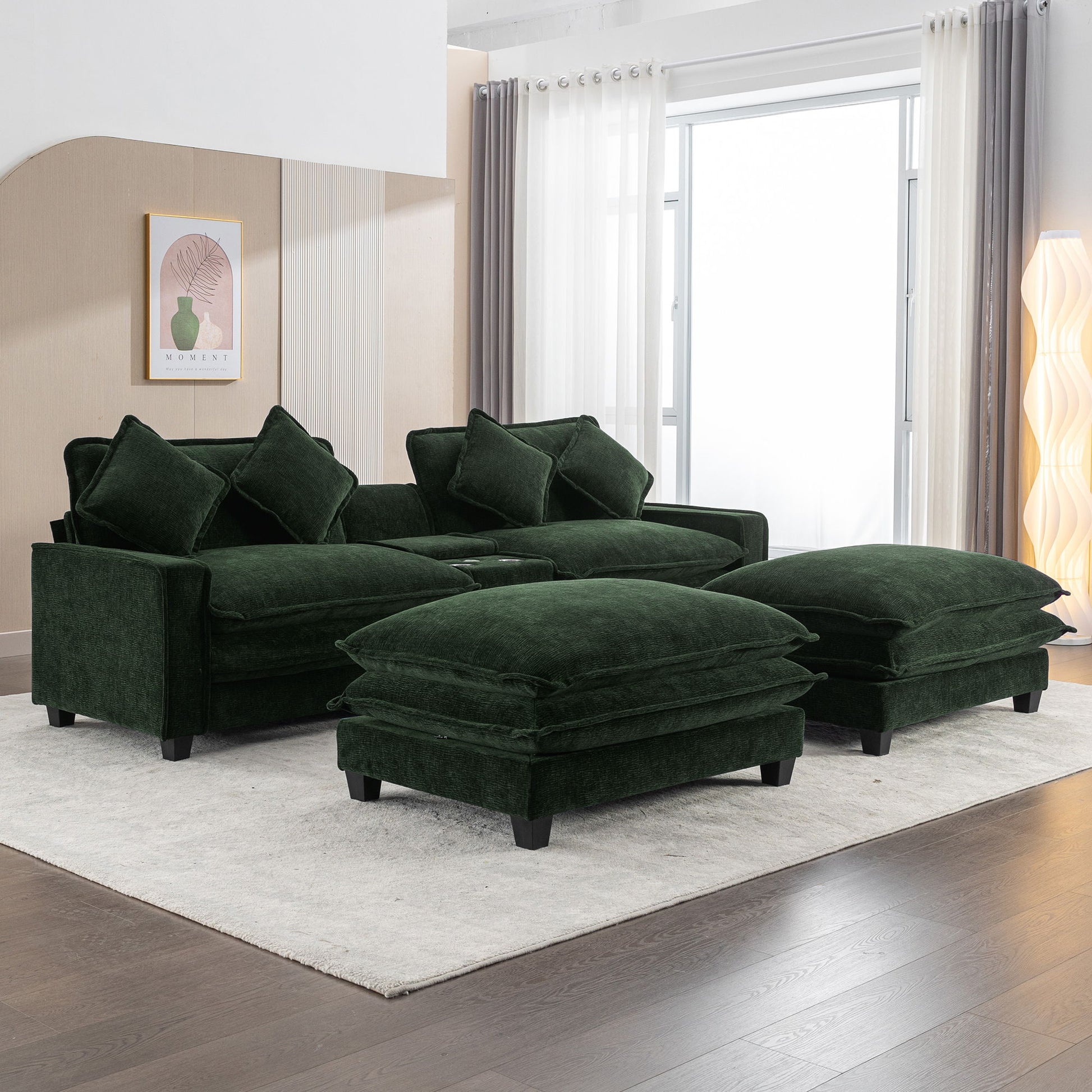 Sectional Sofa Chenille Upholstered Sofa With Two Removable Ottoman, Two USB Ports, Two Cup Holders And Large Storage Box For Living Room - Best Buy Furniture