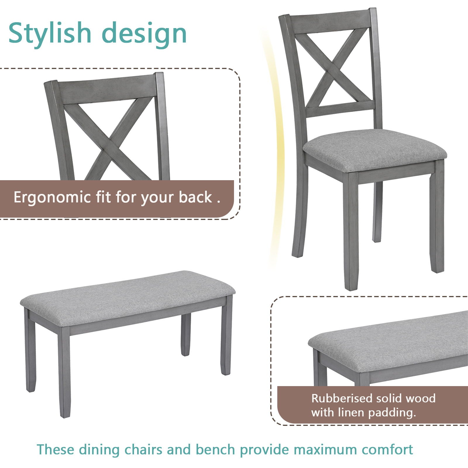 6 Pieces Kitchen Dining Set, Rectangular Wooden Dining Table With 4 Chairs And A Bench - Best Buy Furniture