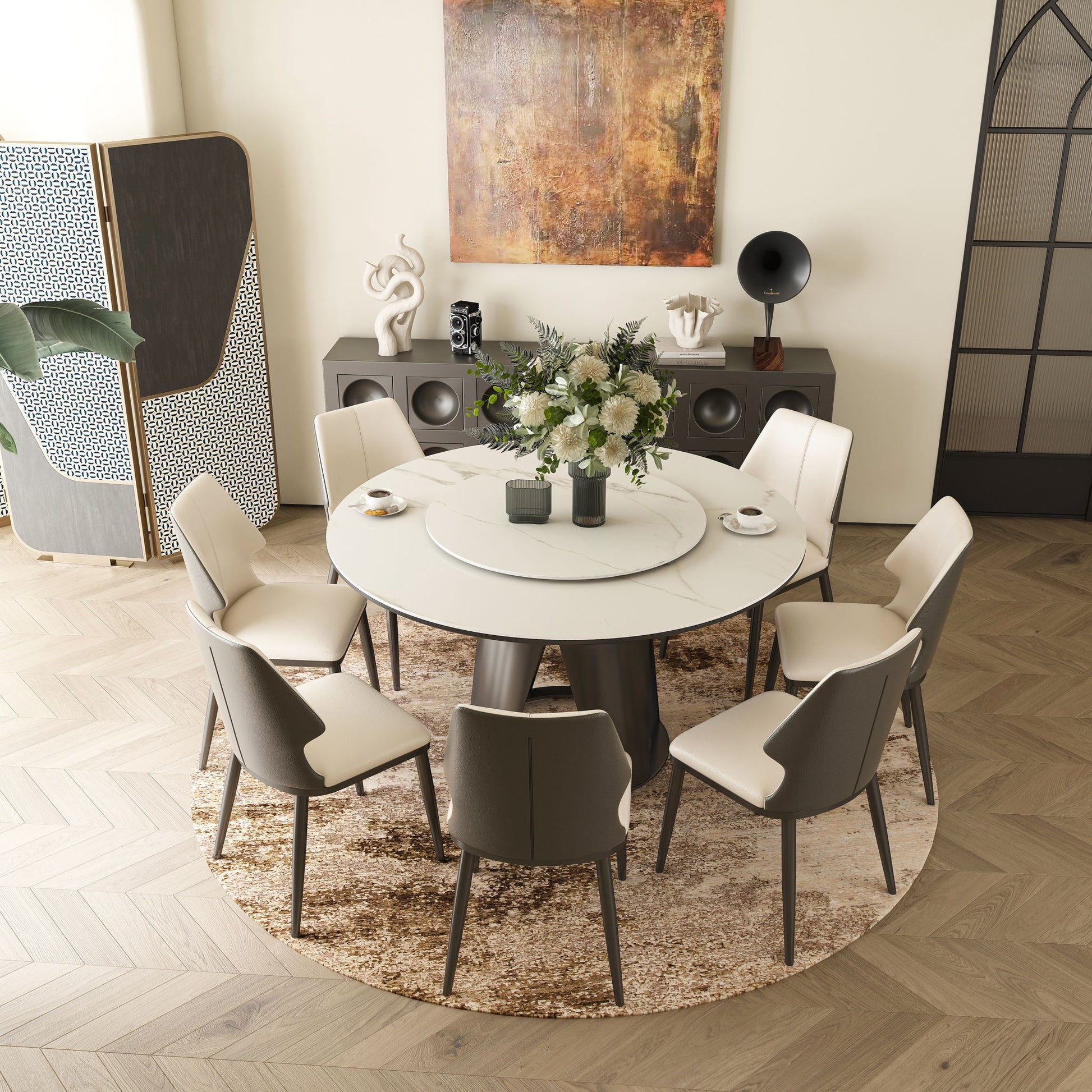 Modern Sintered Stone Dining Table With Round Turntable, Metal Pedestal, And Chairs - Best Buy Furniture